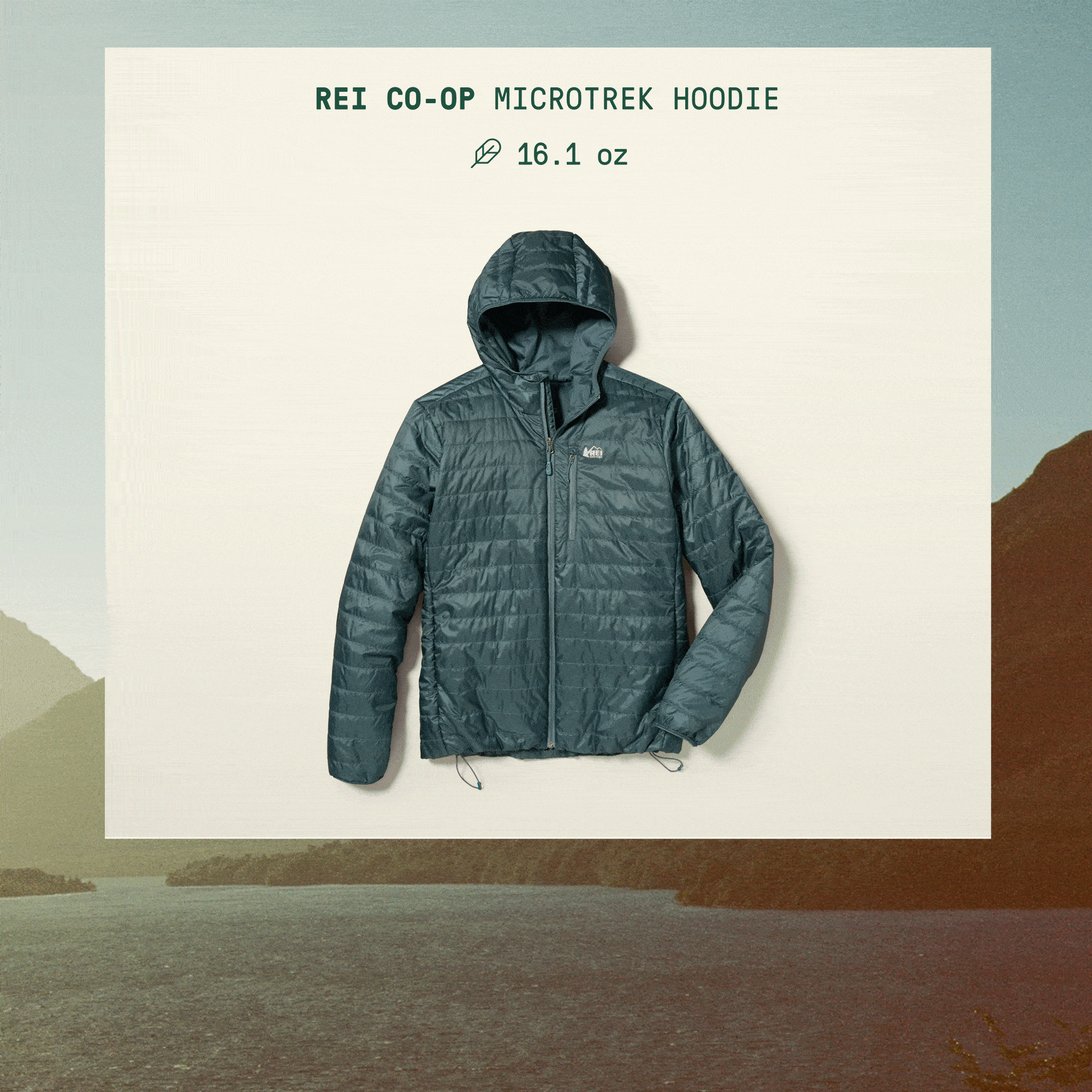 An animation of an R E I Co-op Microtrek Hoodie packing into its own pocket on a light colored background over an image of a mountain range and a river.