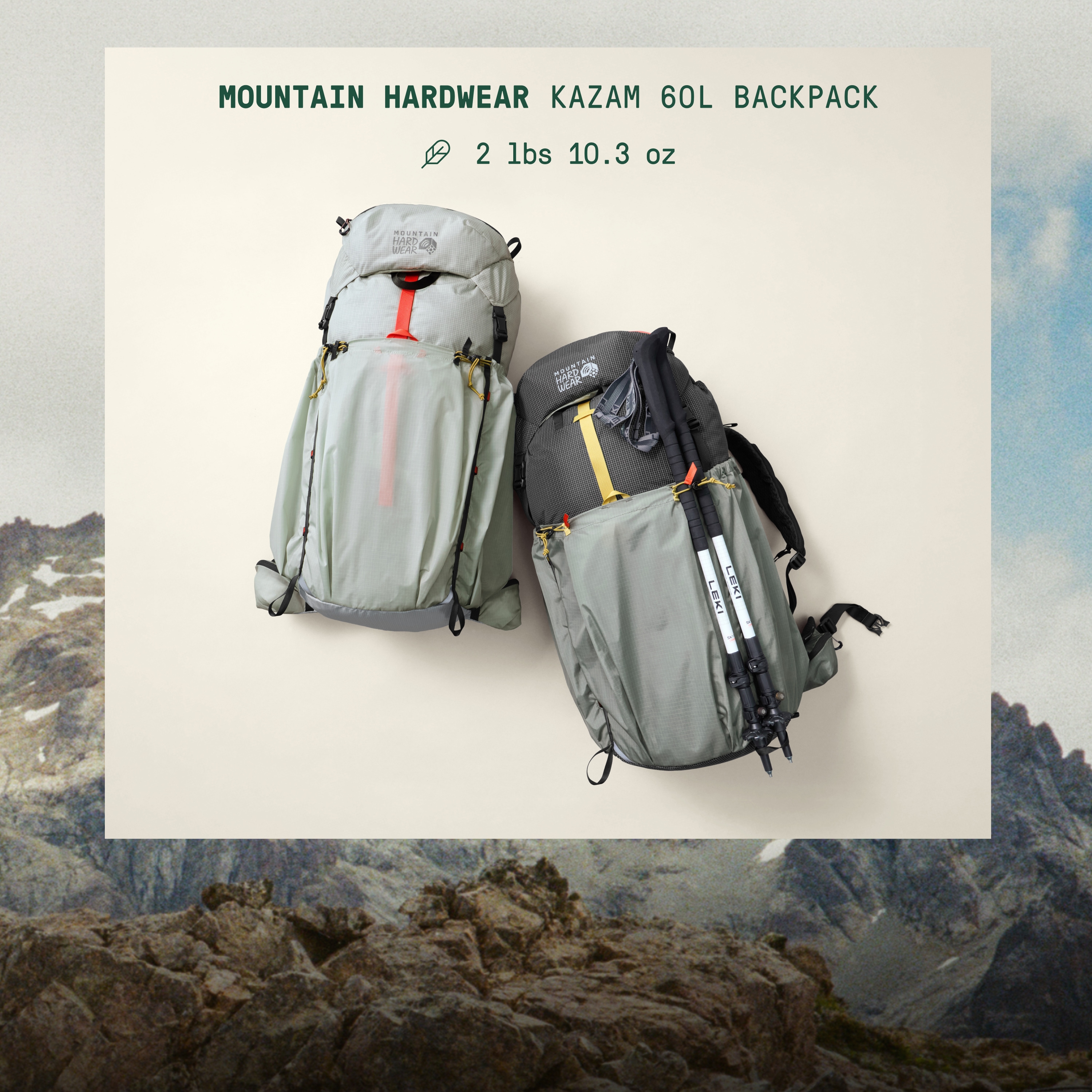 Text reads: ‘Mountain Hardwear Kazam 60L Backpack. 2 pounds, 10.3 ounces’ over two backpacks on a light colored background with an image of mountains in the background.