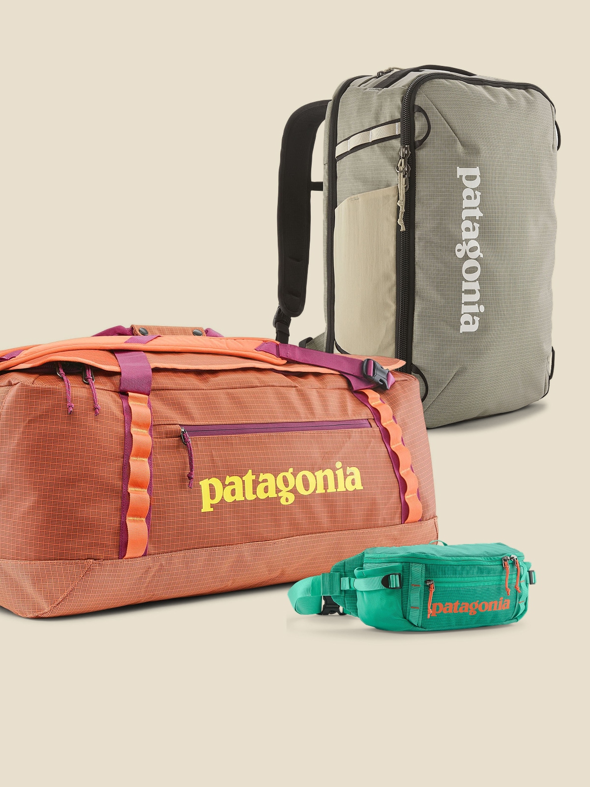 Three Patagonia bags on a light colored background.