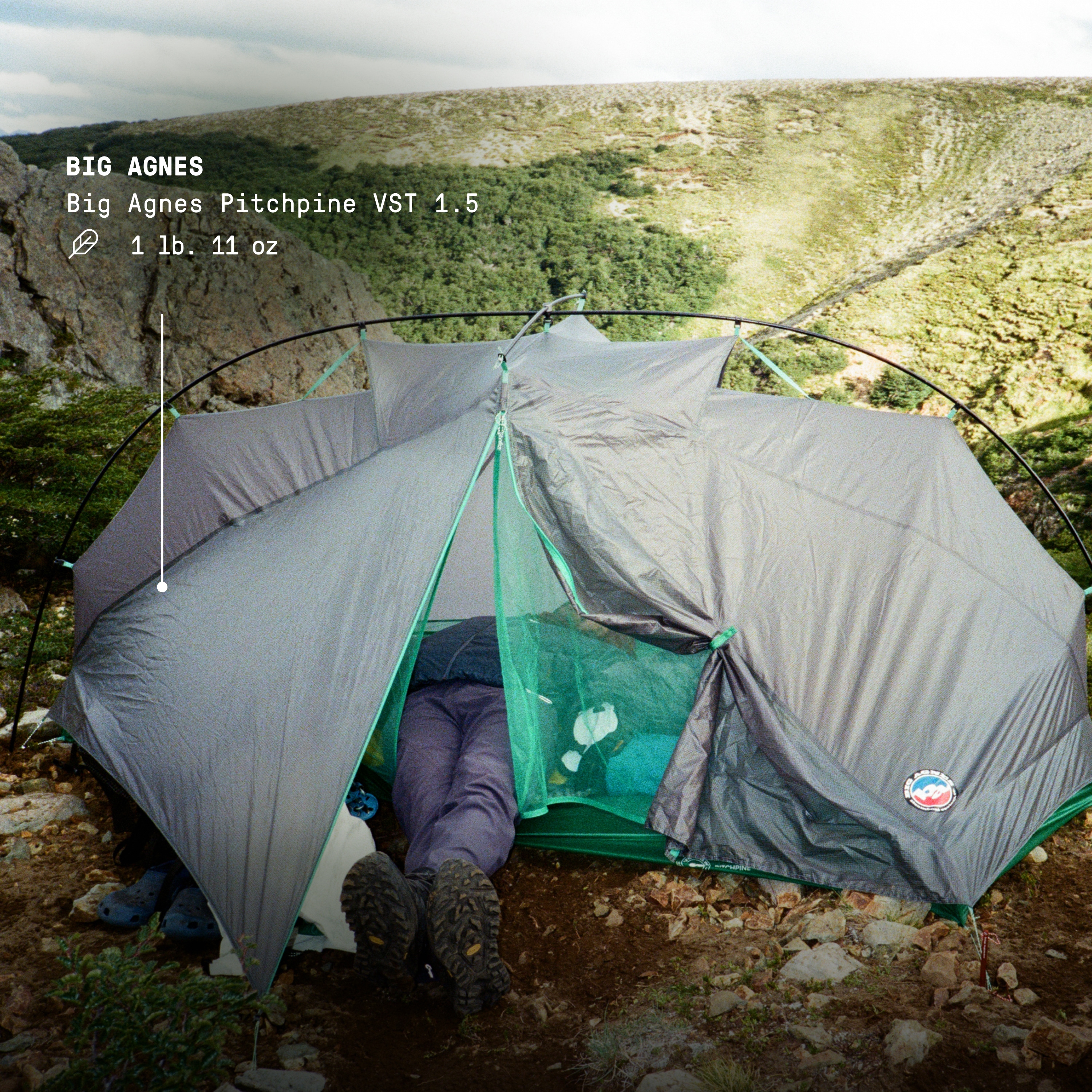 Text reads: ‘Big Agnes Pitchpine VST 1.5. 1 pound, 11 ounces’ over an image of a person laying in a tent with their feet sticking out.