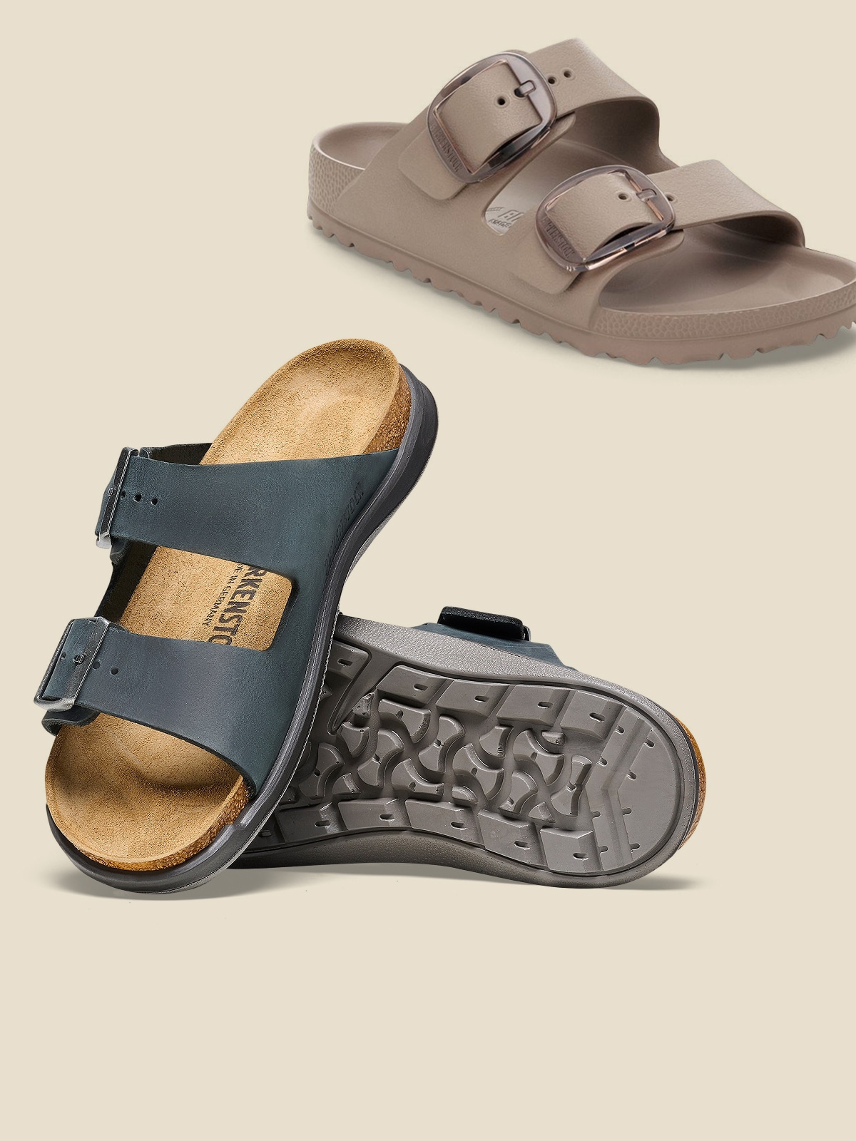 Birkenstock sandals on a light colored background.