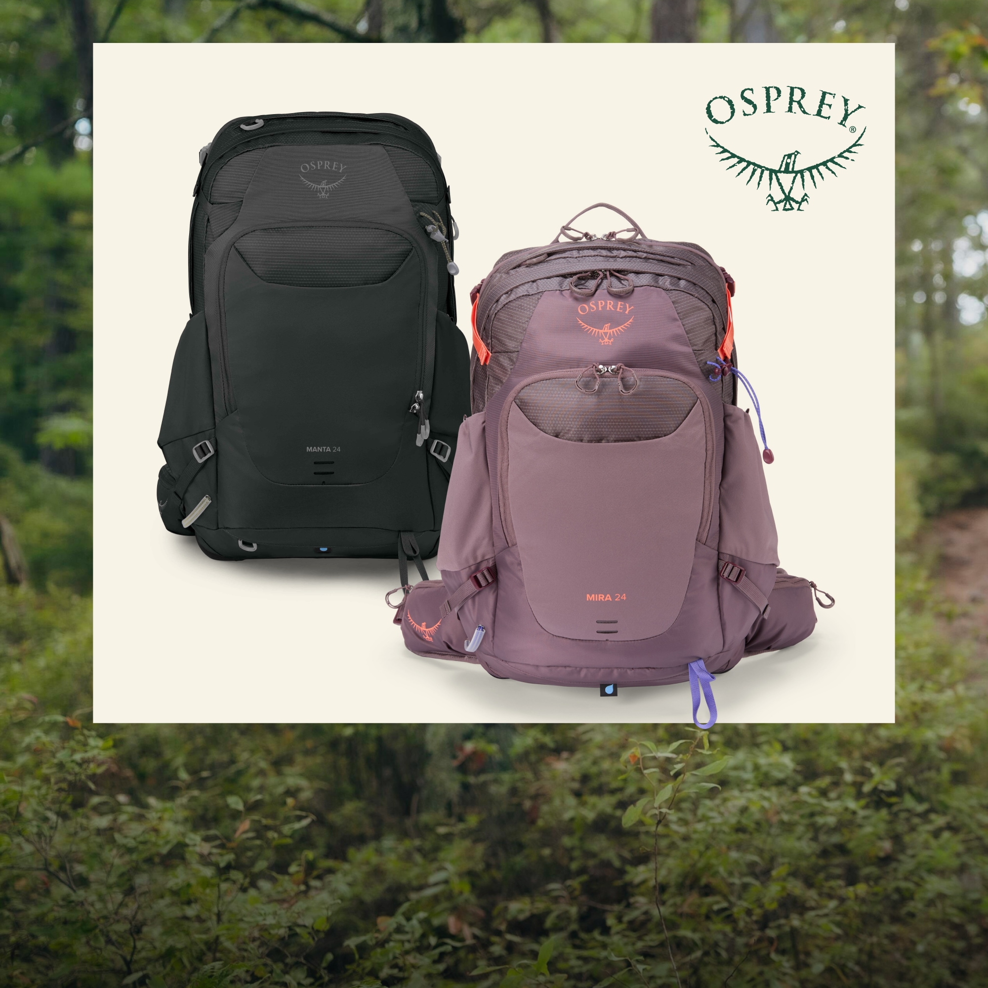 Two Osprey packs on a light colored background over an image of trees and bushes.