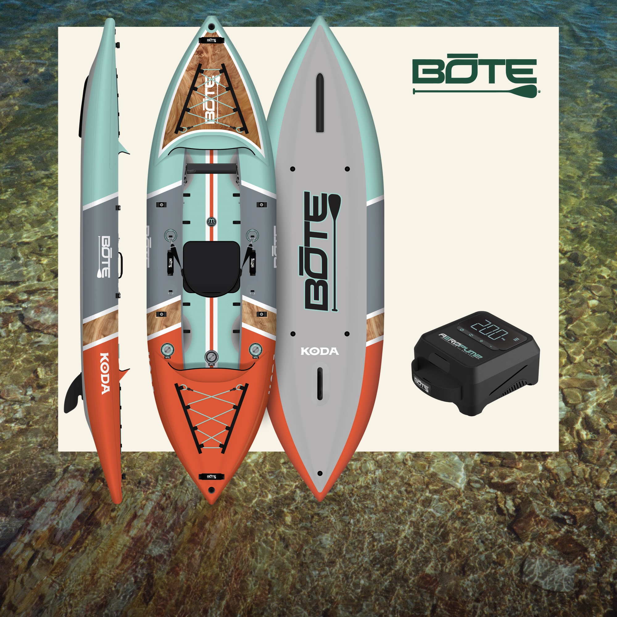 An inflatable BOTE kayak and a rechargeable pump on a light colored background over an image of water.