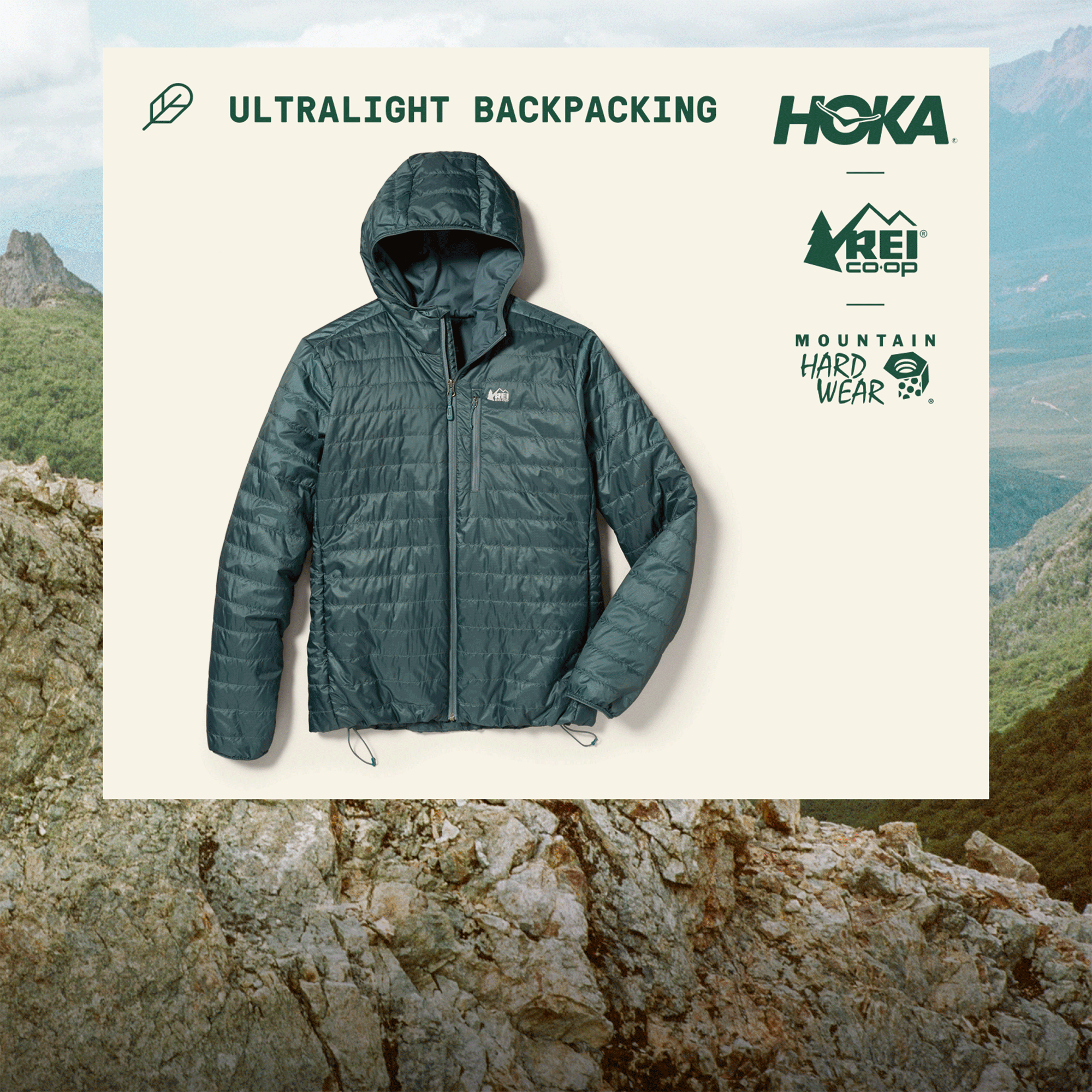 Text reads: ‘Ultralight backpacking. HOKA, R E I Co-op, & Mountain Hardwear.’ An animation flashing through various ultralight backpacking gear on a light colored background over an image of a large rock.