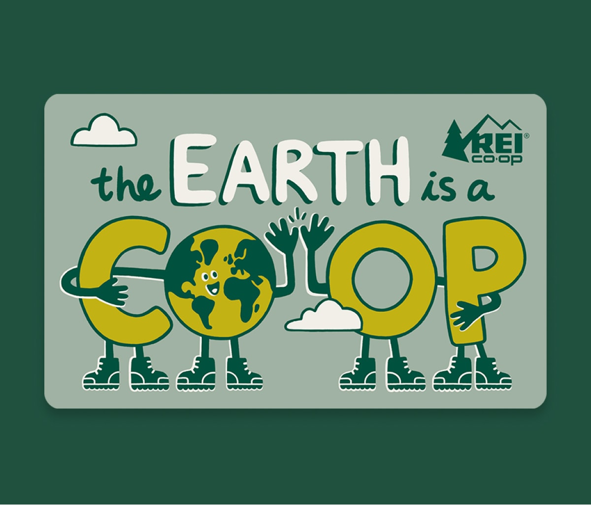 An Earth Day themed gift card that reads ‘The earth is a co-op’ on a green background.