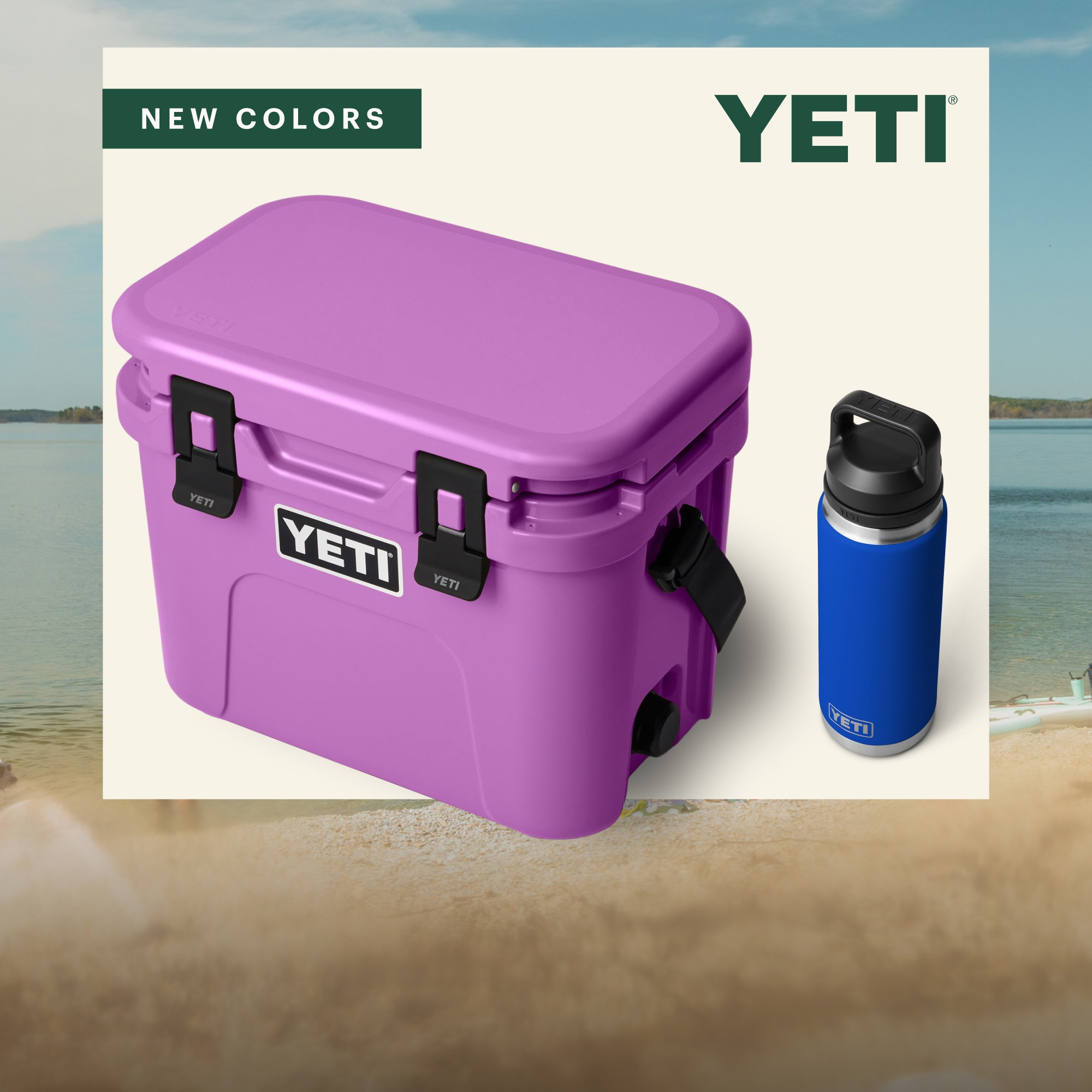 The YETI Roadie Cooler in Desert Bloom and the Rambler Vacuum Bottle in Royal Blue.