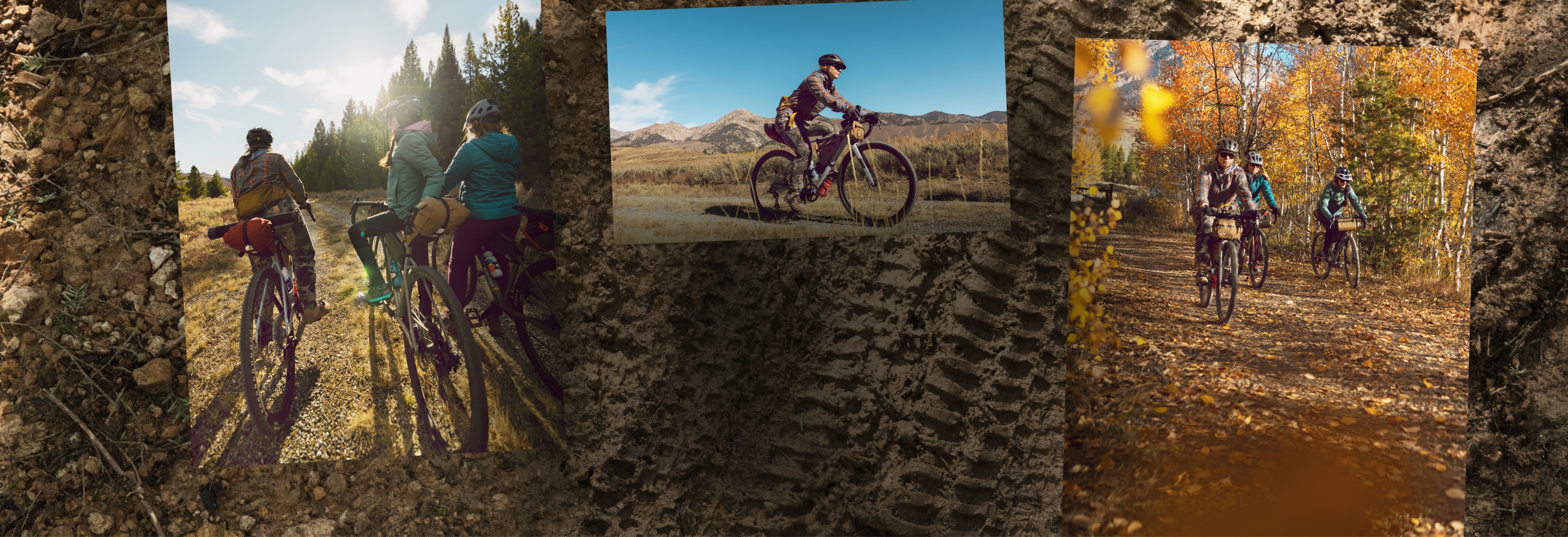 A collage of photos of people riding bikes outdoors over an image of various terrain with tire tracks running through it.
