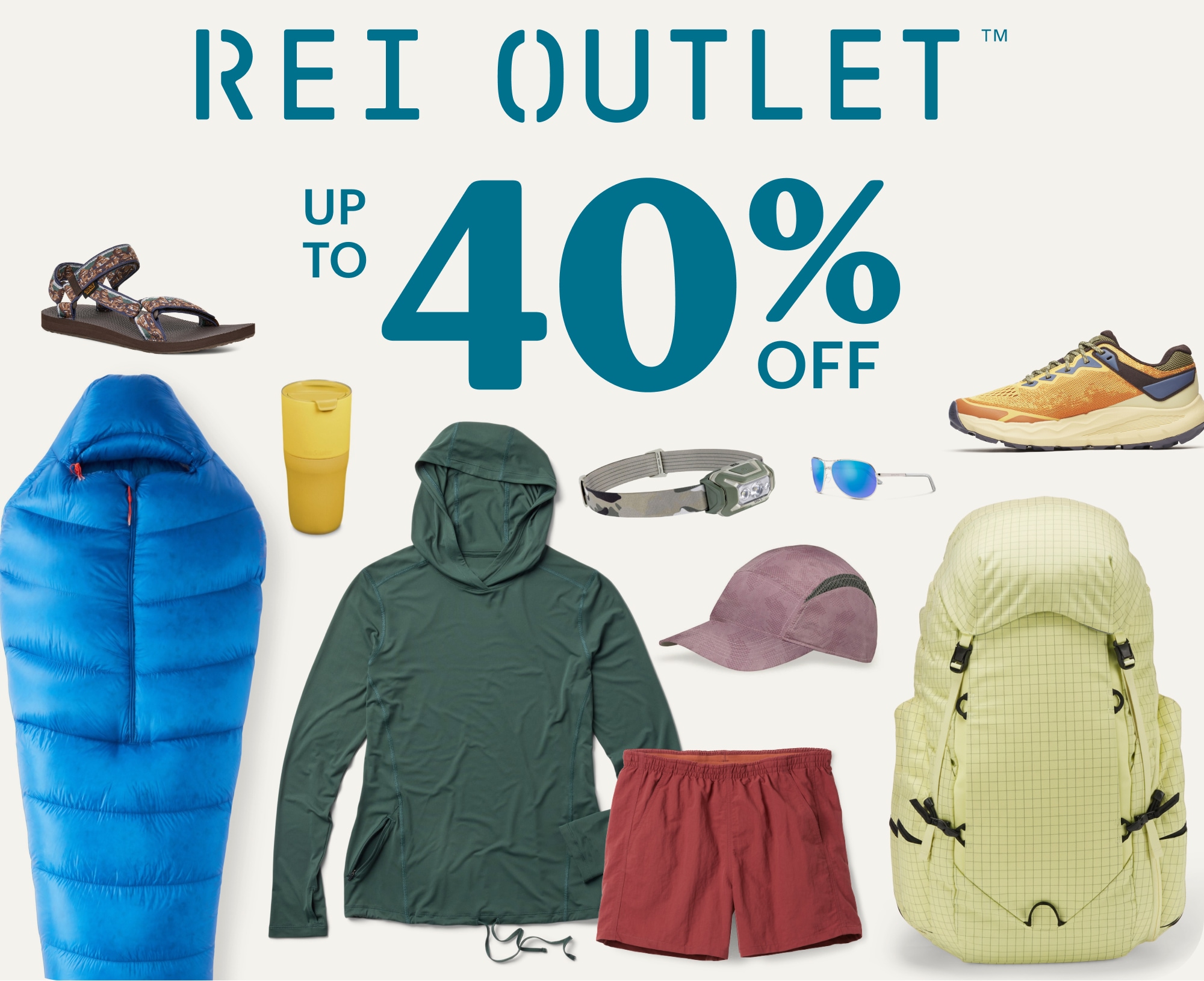 A variety of R E I Outlet gear. Text reads, R E I Outlet, up to 40% off.