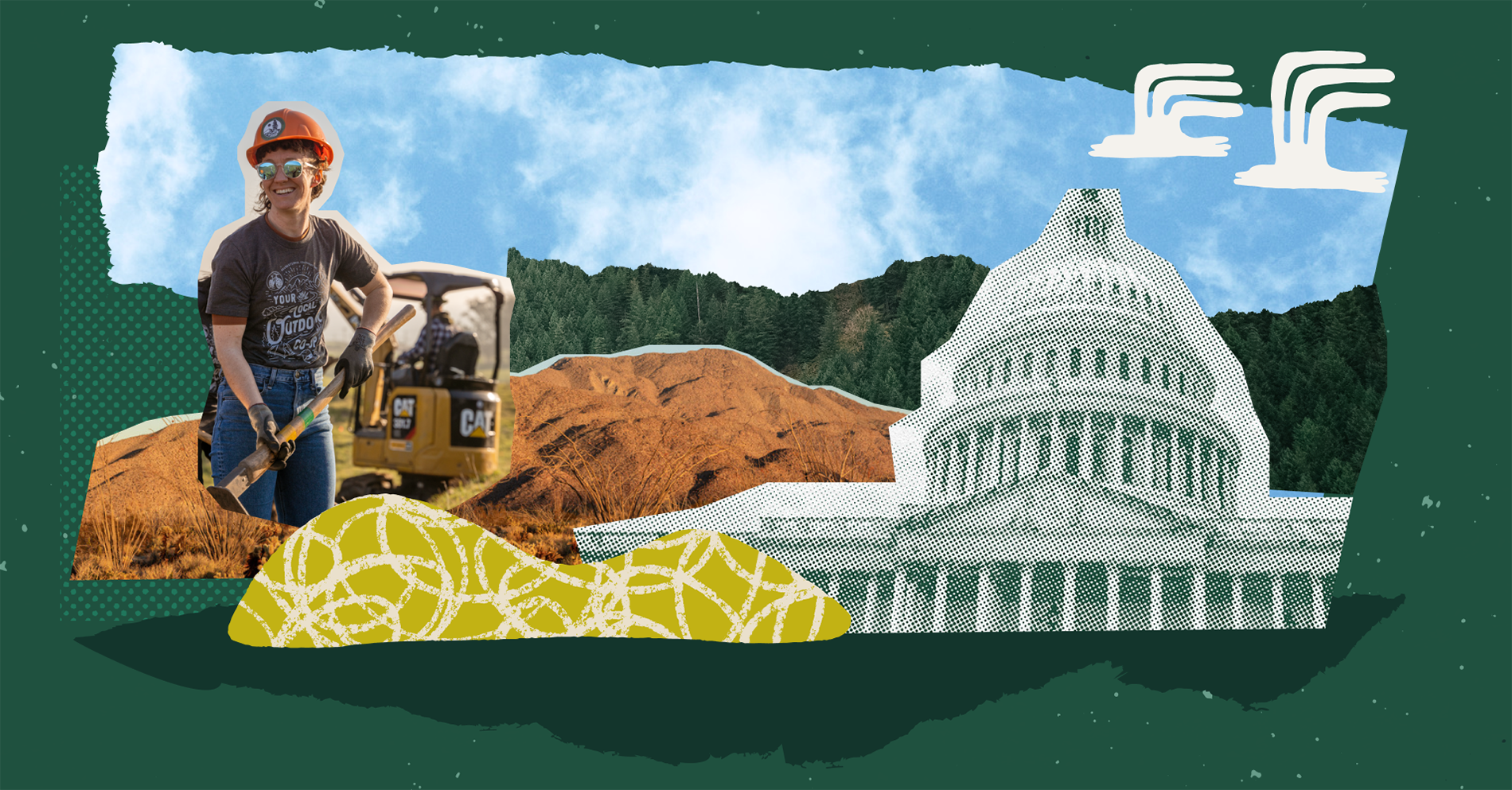 Collage depicting someone doing trailwork, and a government building.