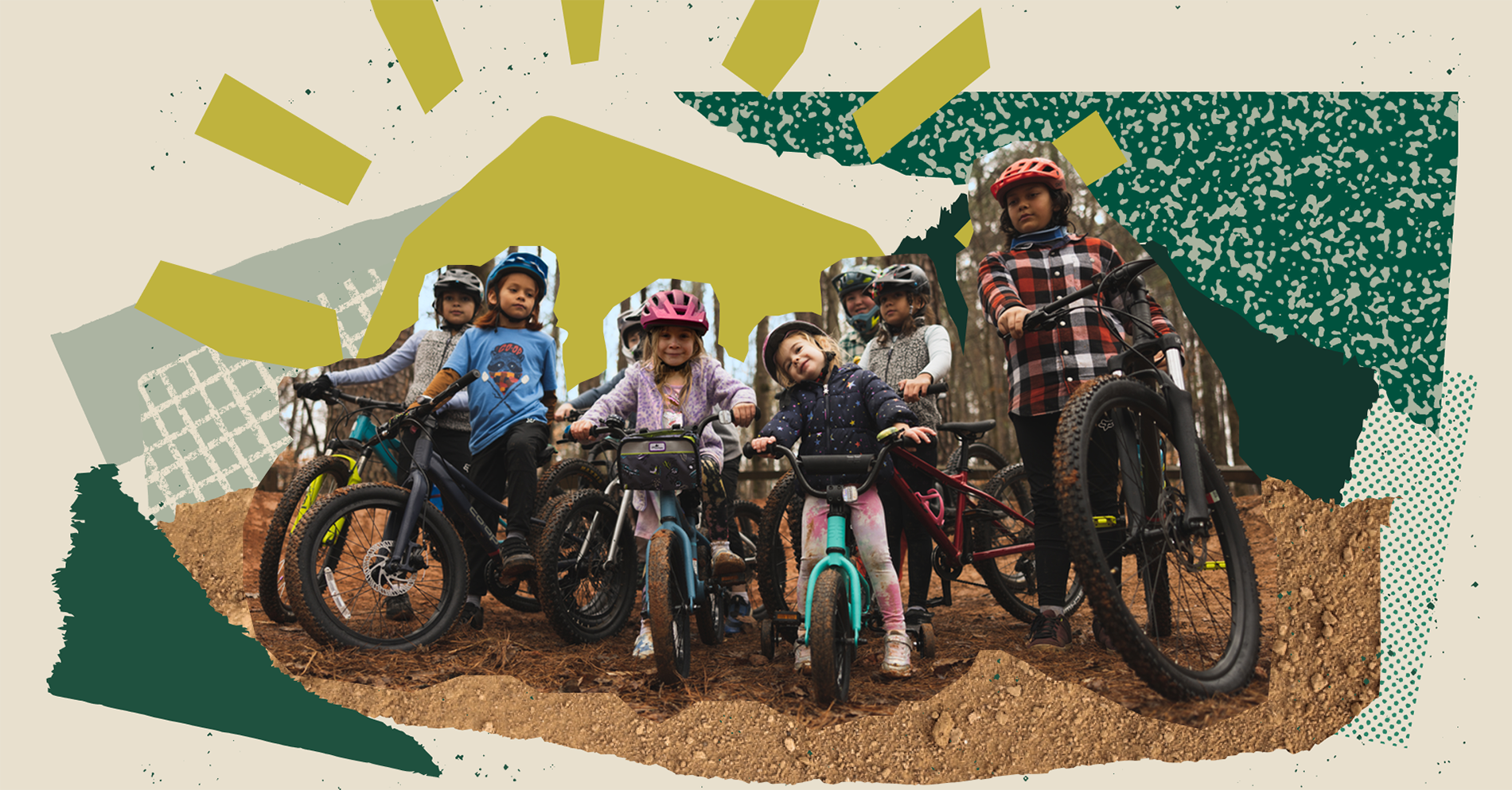 Collage depicting children posing as they begin a bike ride.