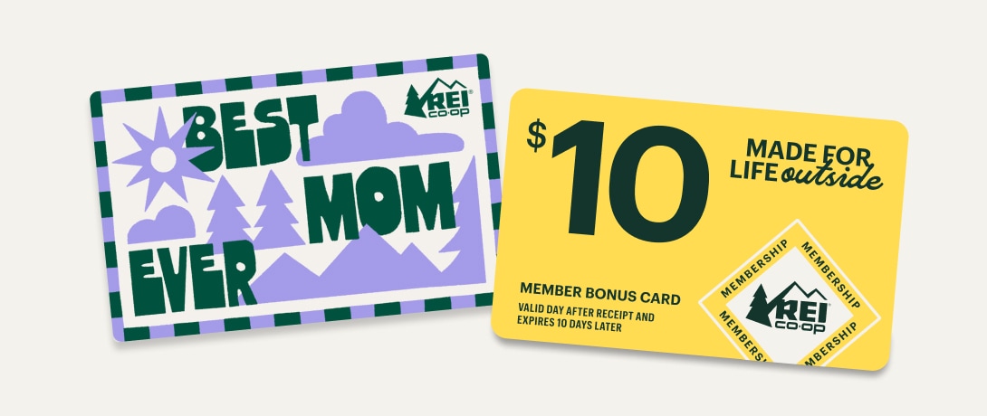 A gift card that reads ‘Best mom ever’ and a yellow Member Bonus Card for $10 that reads ‘Made for life outside’ on a light colored background.