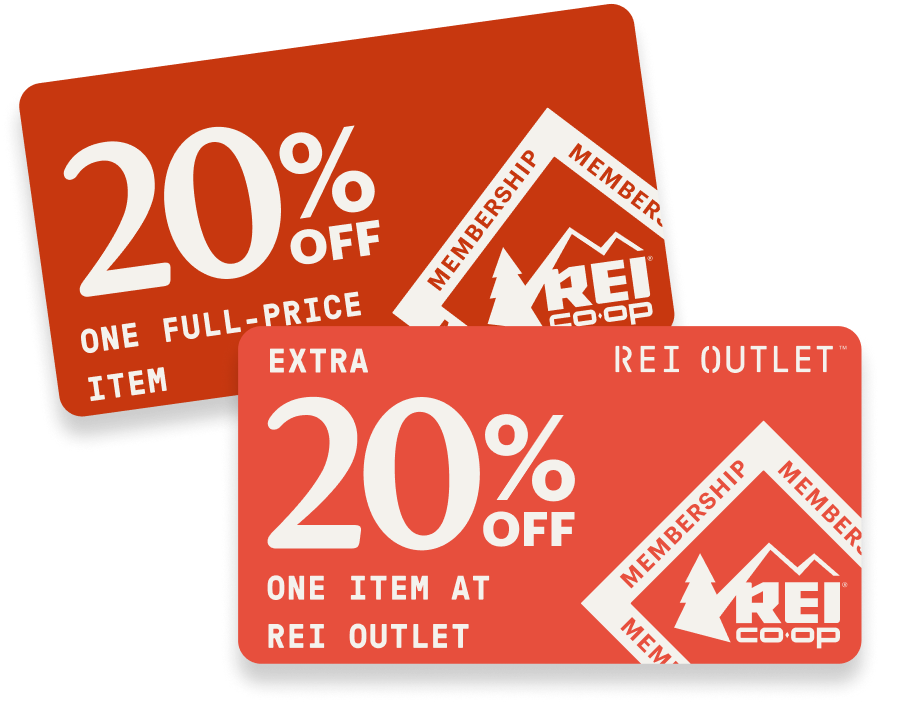 Two member coupons. One for 20% off one full-price item & one for 20% off one R E I Outlet item.