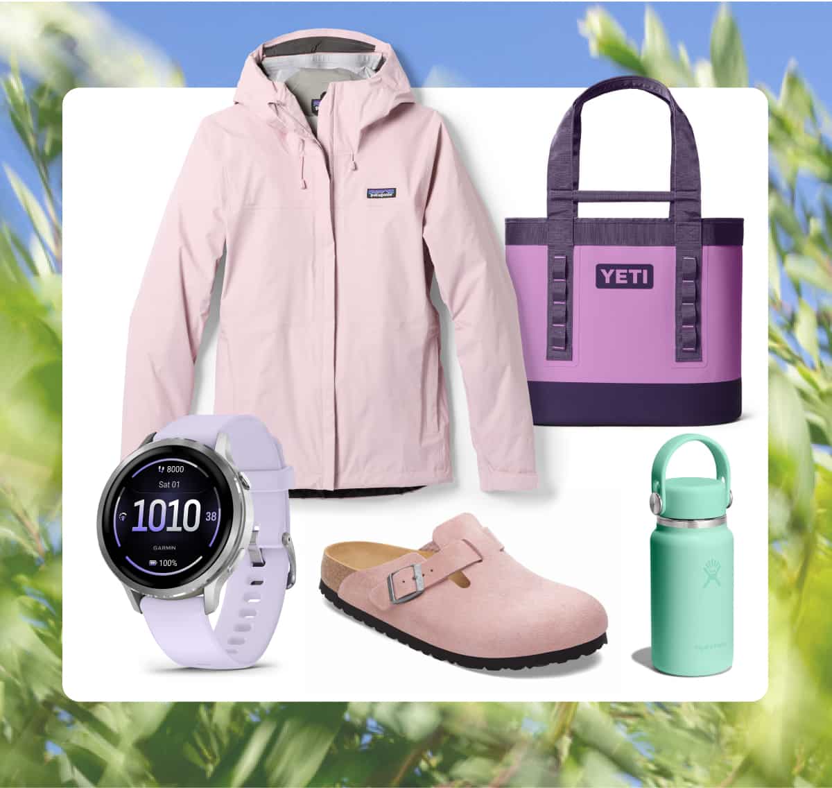 A collage of women’s clothing and gear on a light colored background over an image of green leaves.