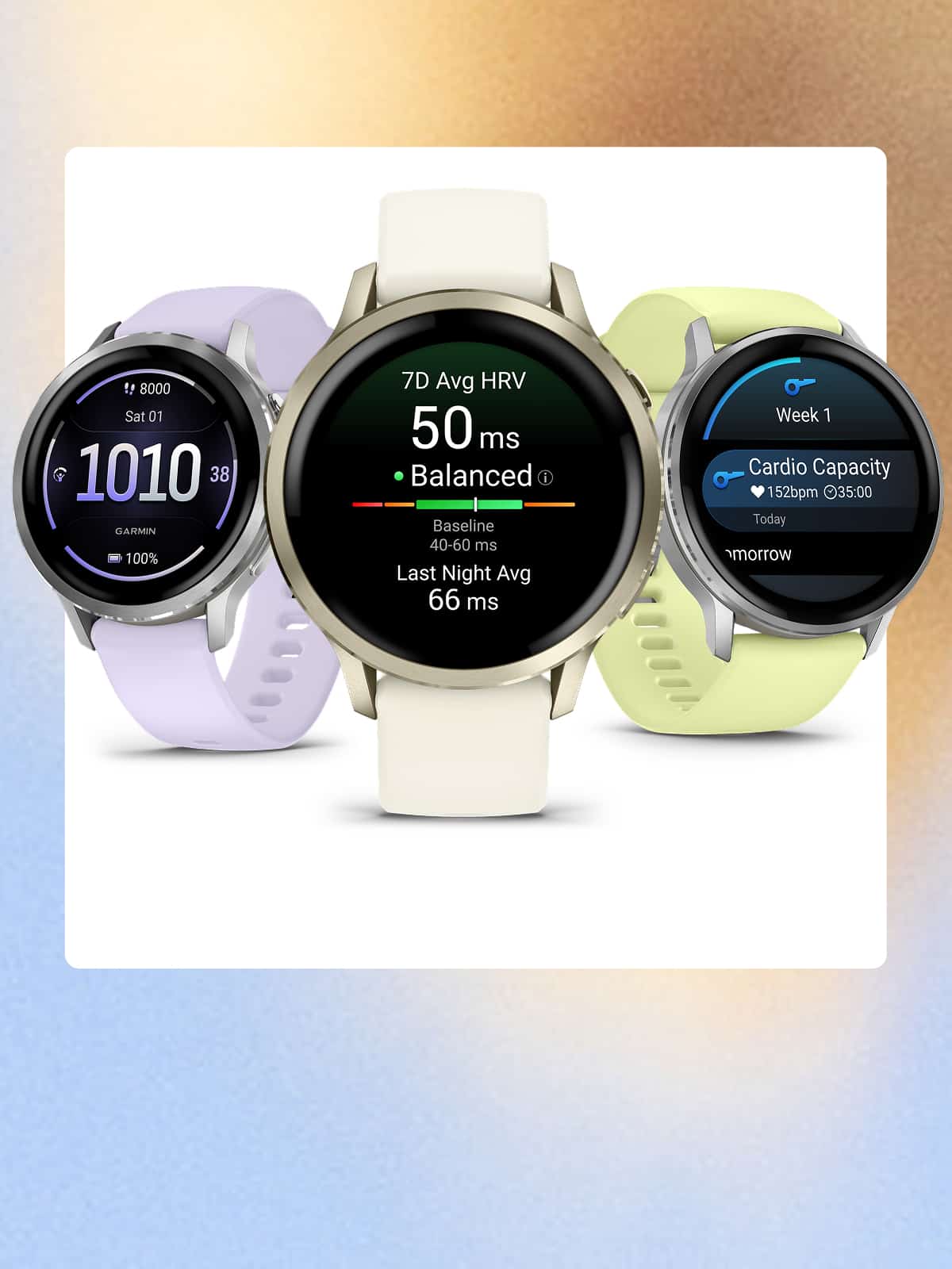 Three fitness watches on a white background over a colorful gradient.