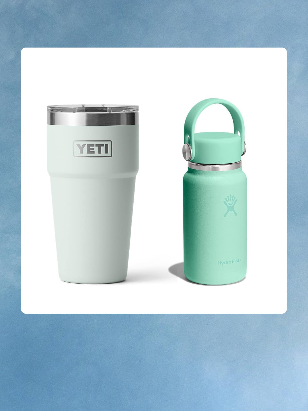 A YETI stackable mug and mini Hydro Flask bottle on a white background over an image of blue skies.