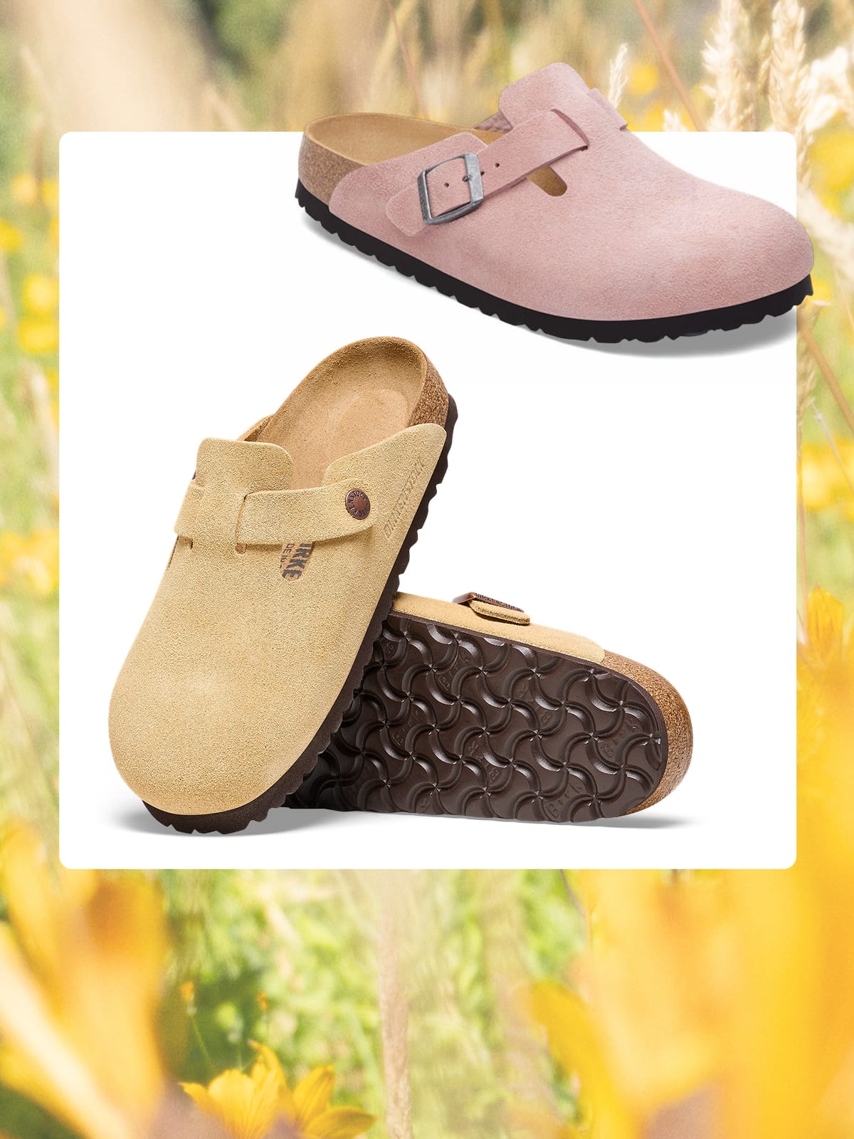 Birkenstock shoes on a white background over an image of flowers and grass blowing in the wind.