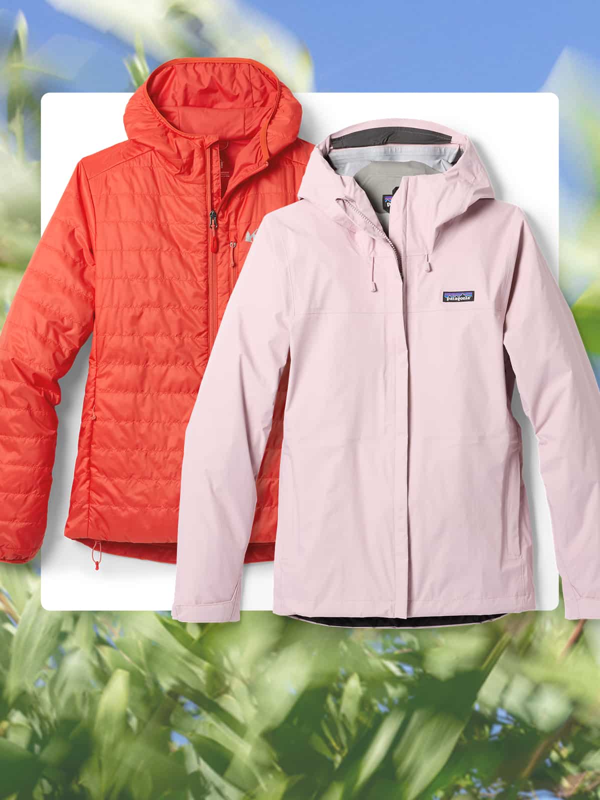 A red REI Co-op brand jacket and a pink Patagonia jacket on a white background over an image of green leaves.