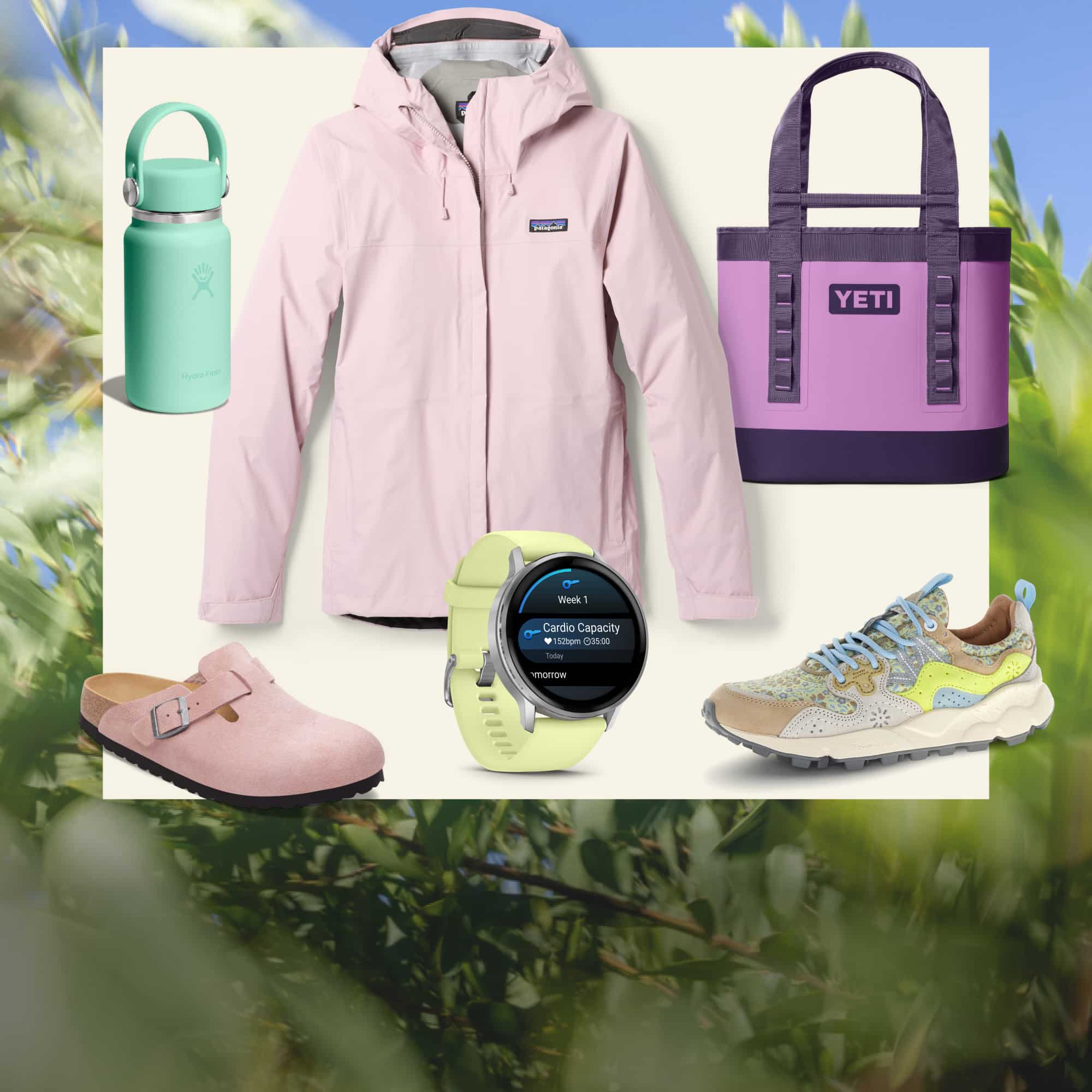 A collage of women’s clothing and gear on a light colored background over an image of green leaves.