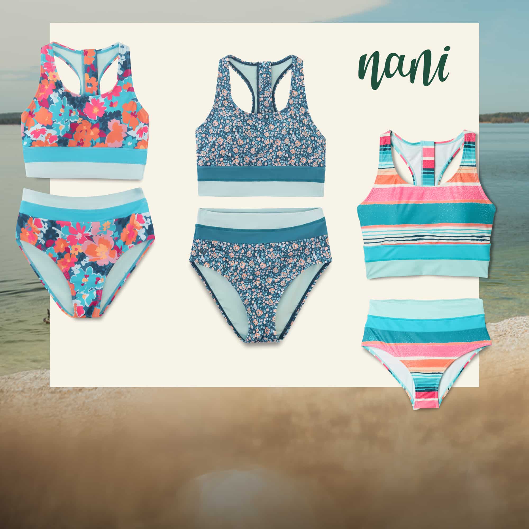 Three colorful Nani swimsuits on a light colored background over an image of a lake.