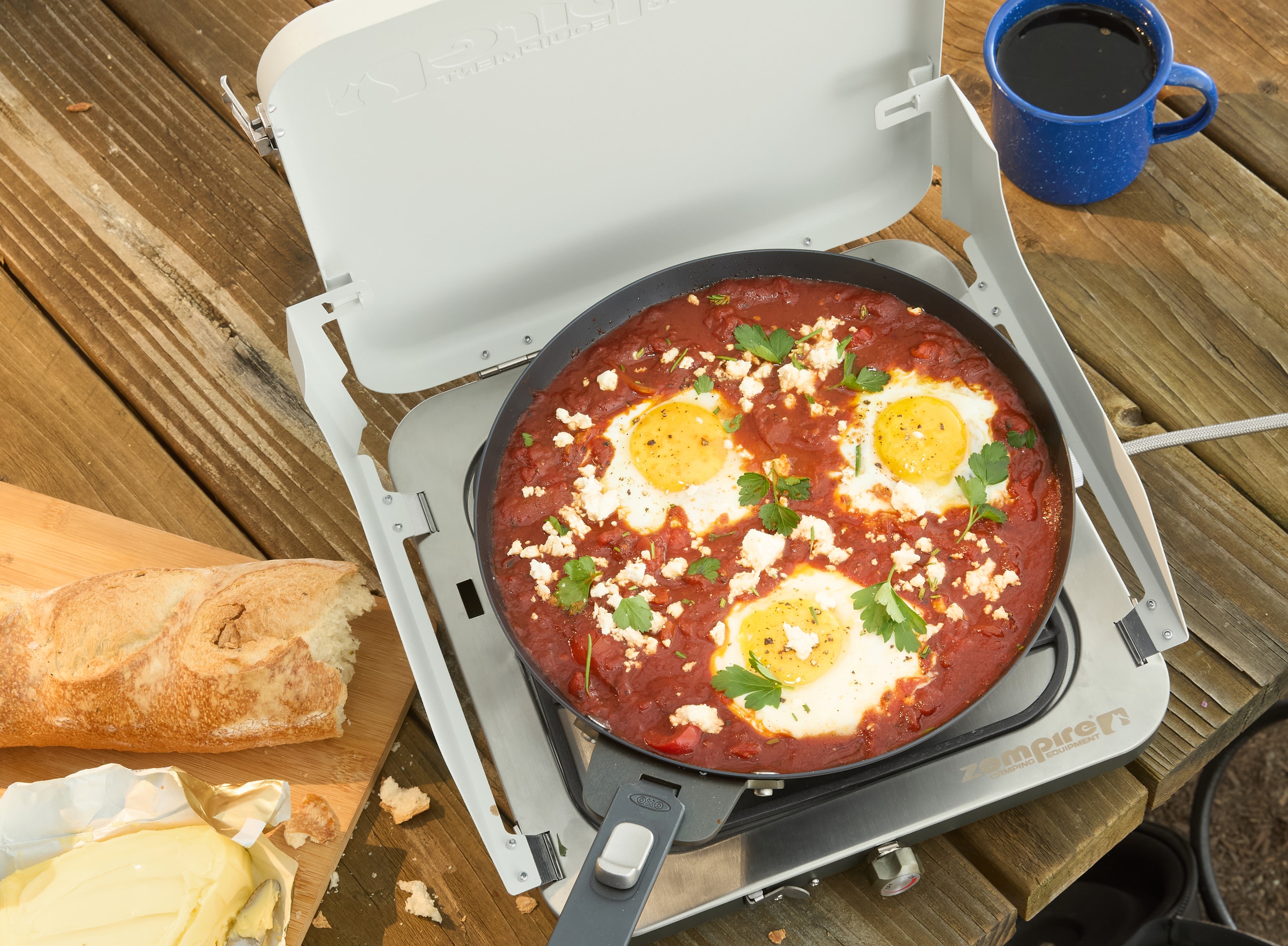 Picture of chilaquiles on a camp stove