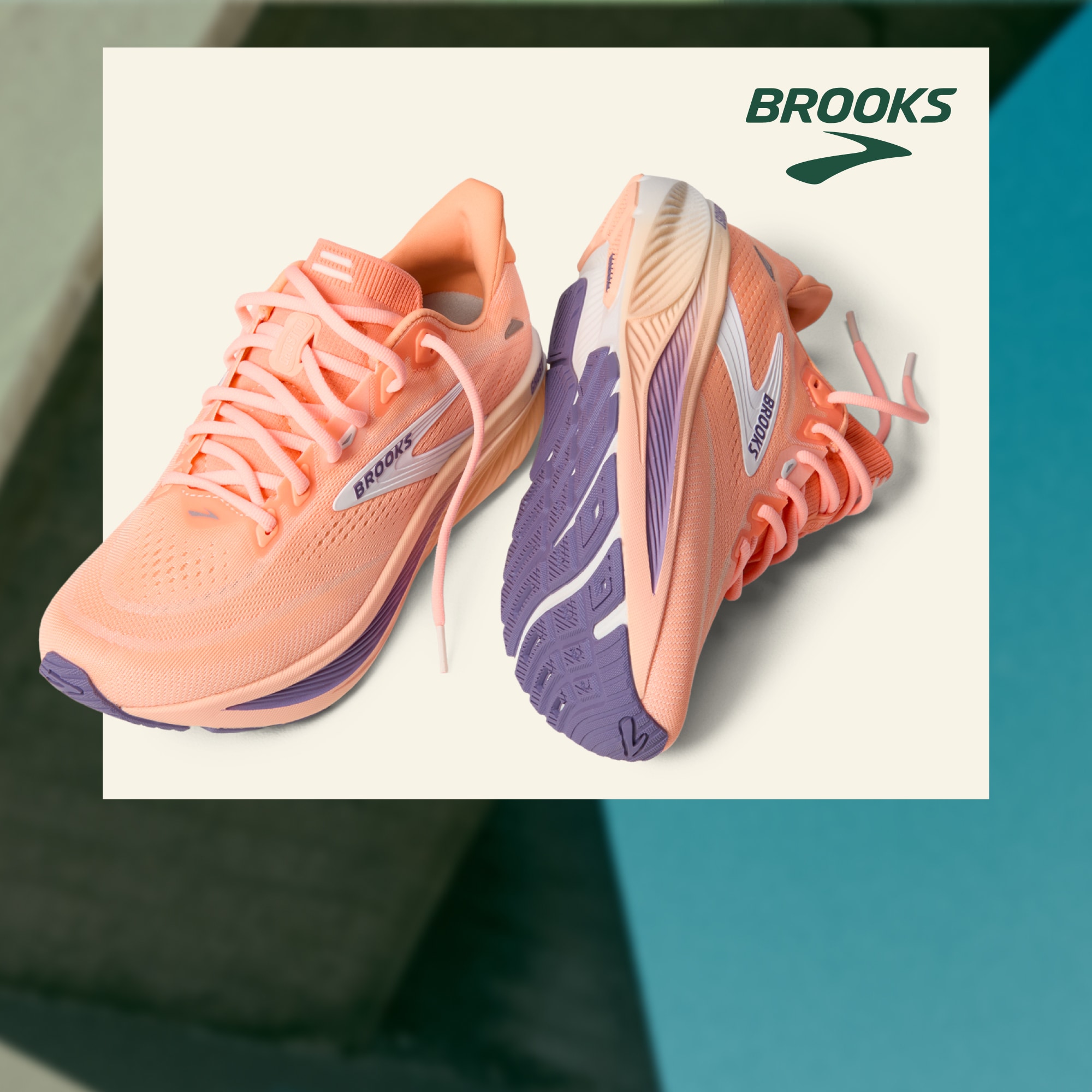Two pairs of Brooks Ghost 18 shoes on a light colored background over a photo of blue skies.