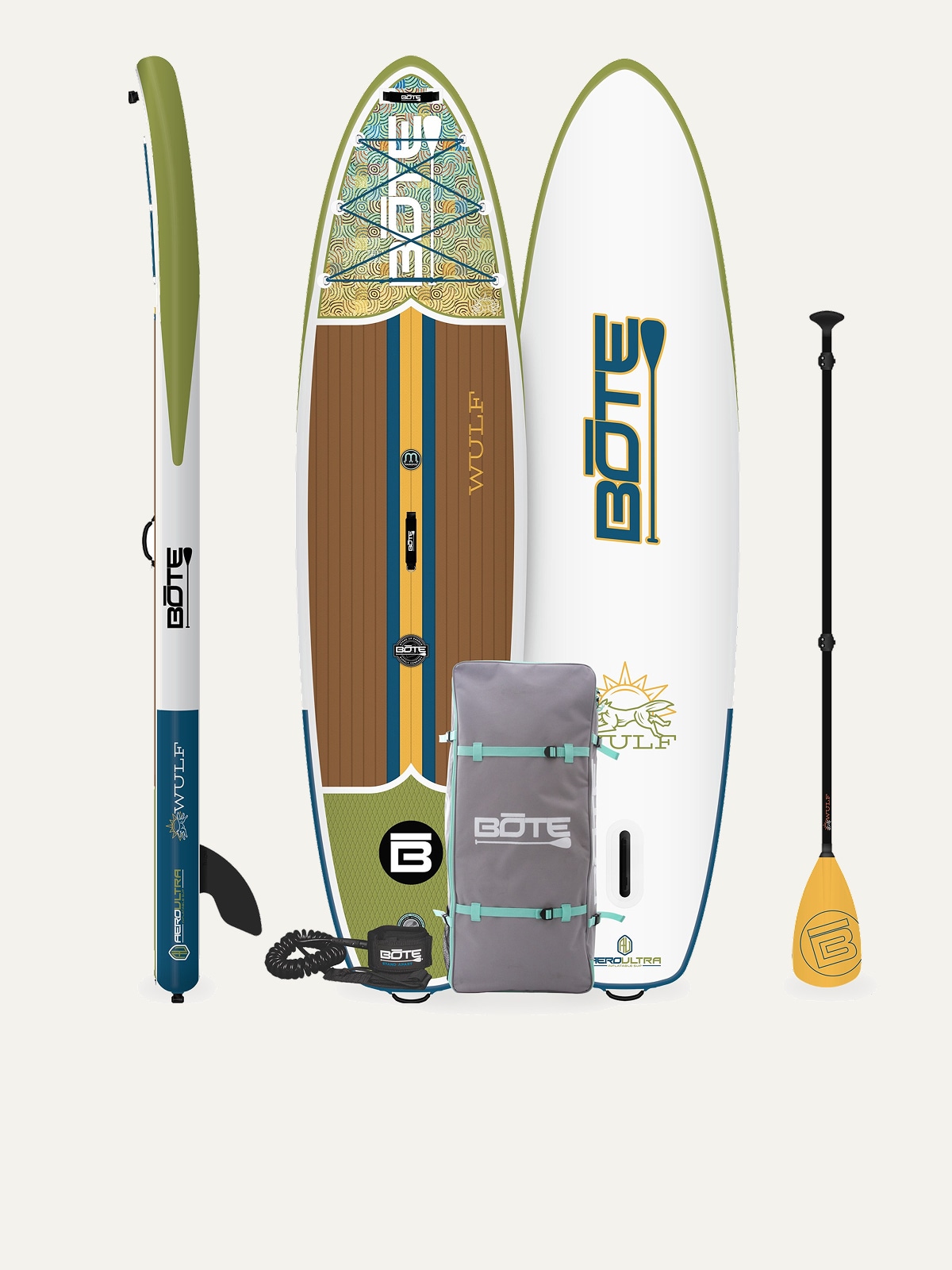 Paddle boards and accessories from BOTE on a light colored background.