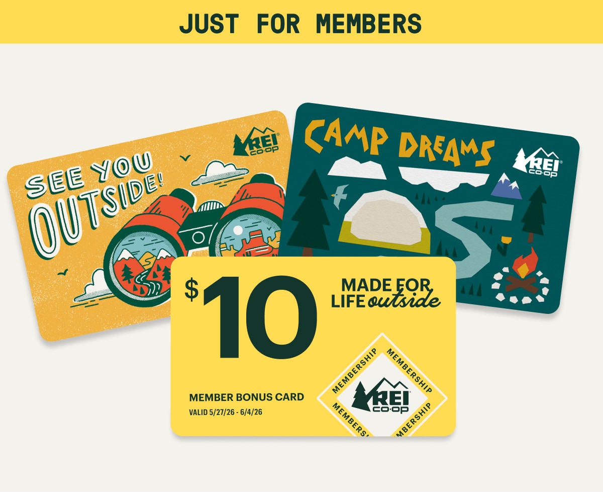 A yellow banner that reads ‘Just for members’ over two colorful outdoor themed gift cards and a yellow Member Bonus Card for $10 that reads ‘Made for life outside’ on a light colored background.
