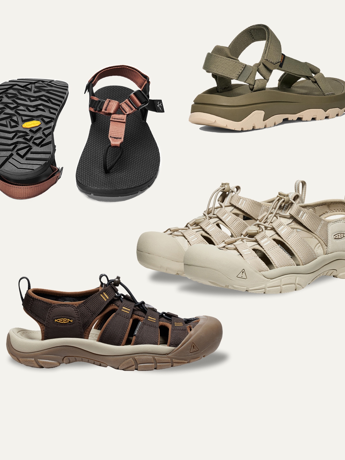 Various pairs of sandals from Keen, Bedrock, & Teva on a light colored background.