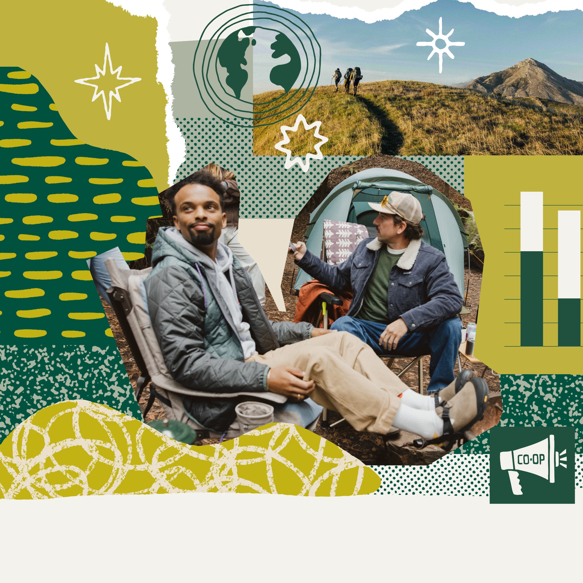 A photo of two people relaxing at a campsite and an image of a group of people hiking surrounded by a collage of cutout designs.