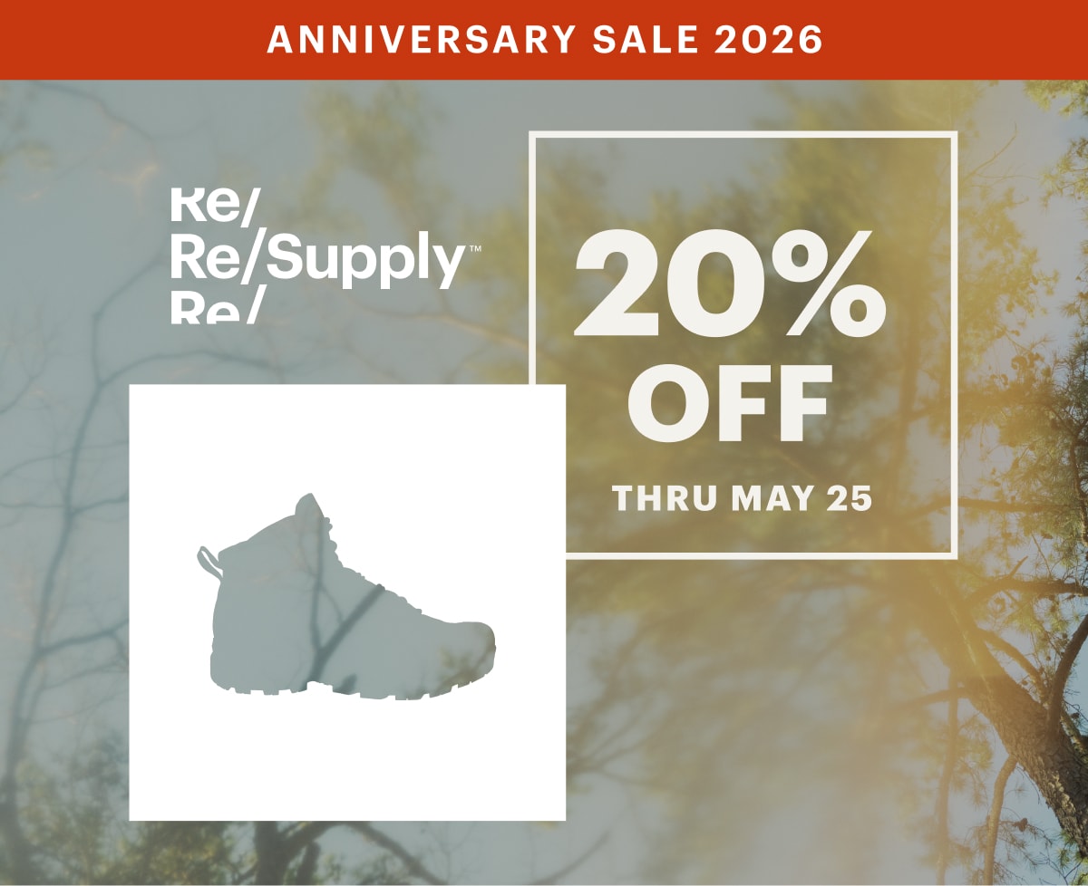 Text reads: ‘Anniversary Sale 2026. 20% off Re/Supply thru May 25” over a cutout of a boot with trees in the background.