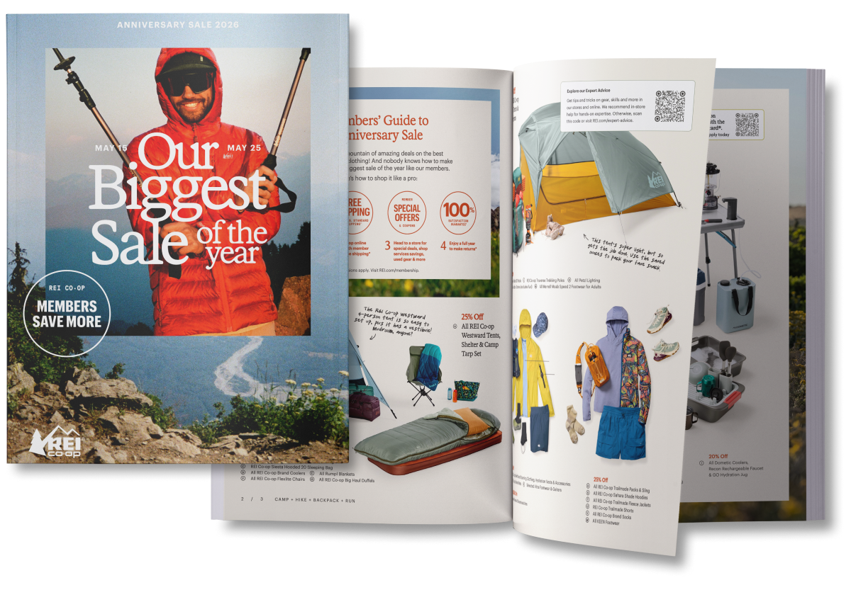 The front of the Anniversary Sale catalog & two pages showing tents, sleeping bags & pads, & various camping gear.