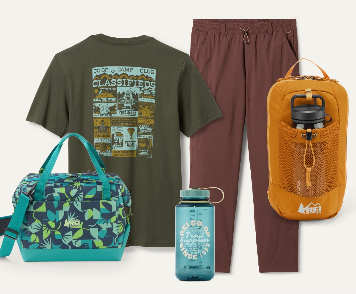 A collage of R E I Co-op brand clothing and gear.
