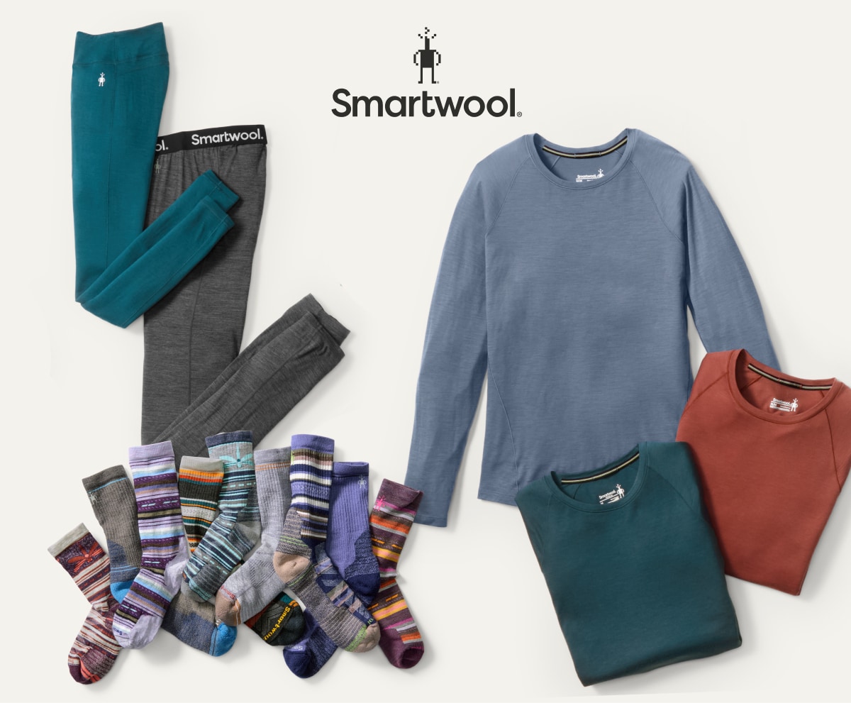 A collage of tops, bottoms, and socks from Smartwool.
