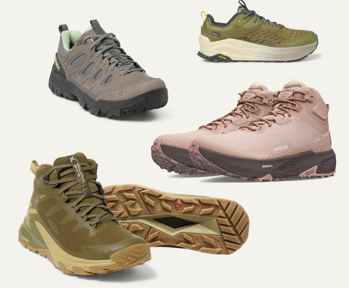 Hiking shoes from Oboz, KEEN, and Altra on a light colored background. 