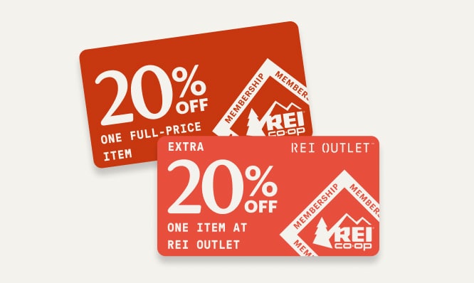 Two member coupons—one for 20% off one full-price item and one for an extra 20% off one R E I Outlet item.
