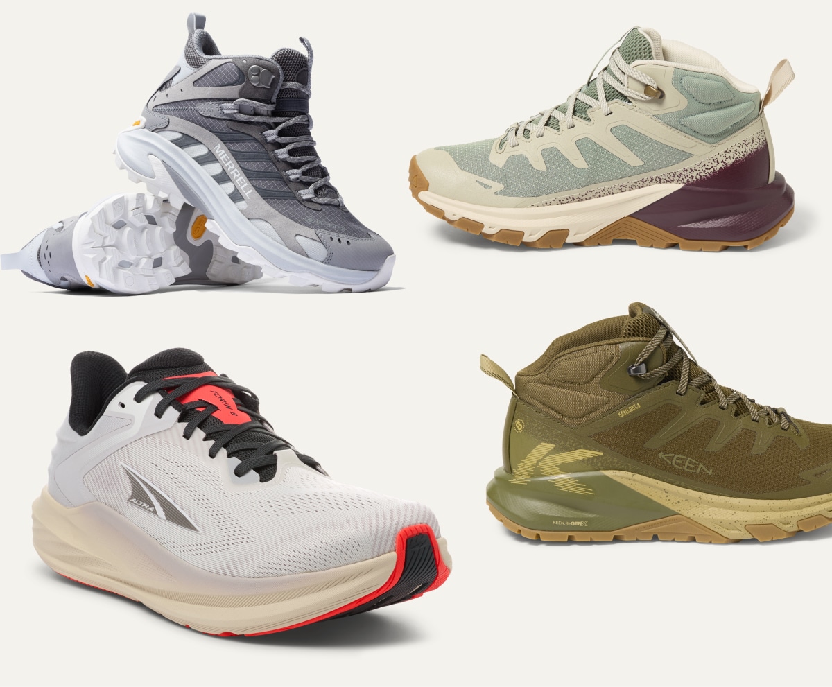 A collage of shoes from Merrell, KEEN, & Altra on a light colored background.