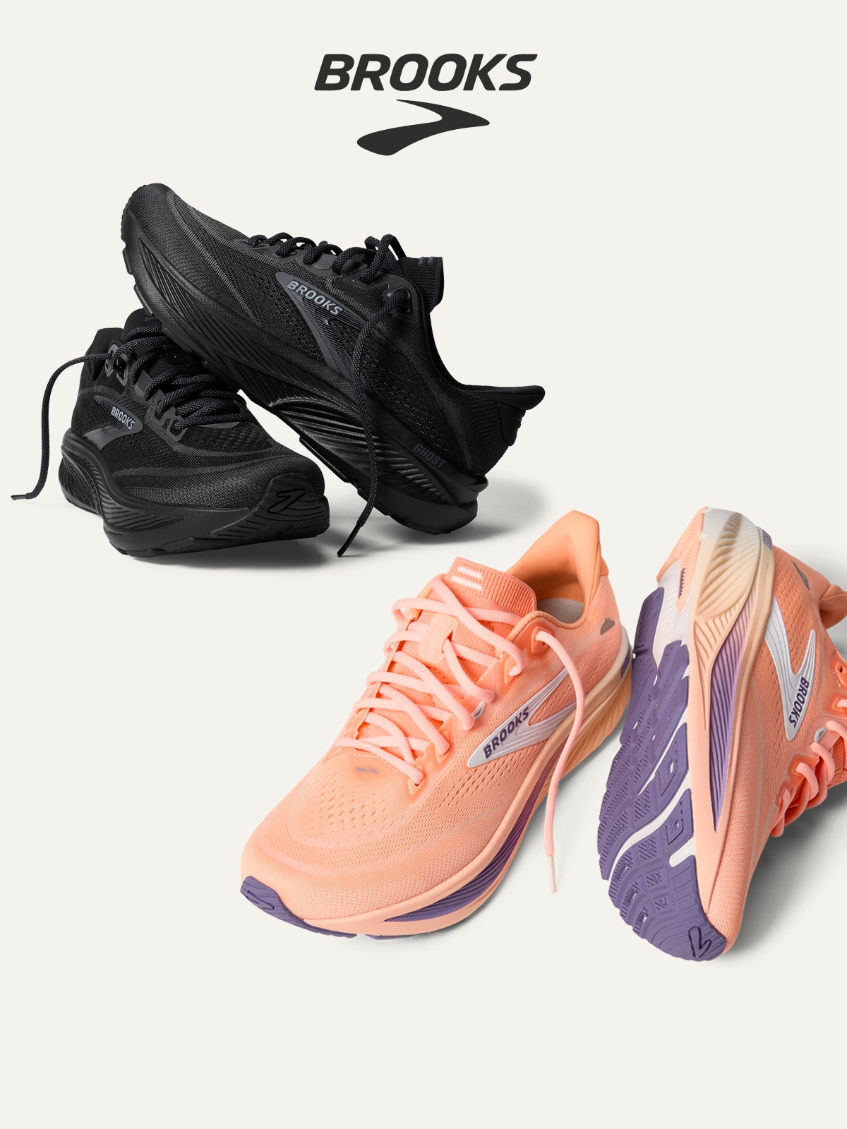 Two pairs of Brooks running shoes on a light colored background.
