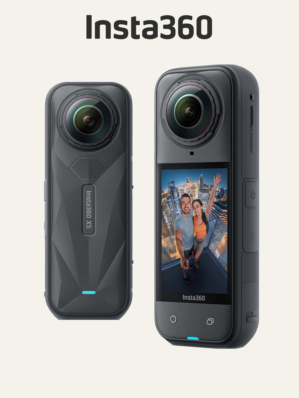 An Insta360 camera on a light colored background.