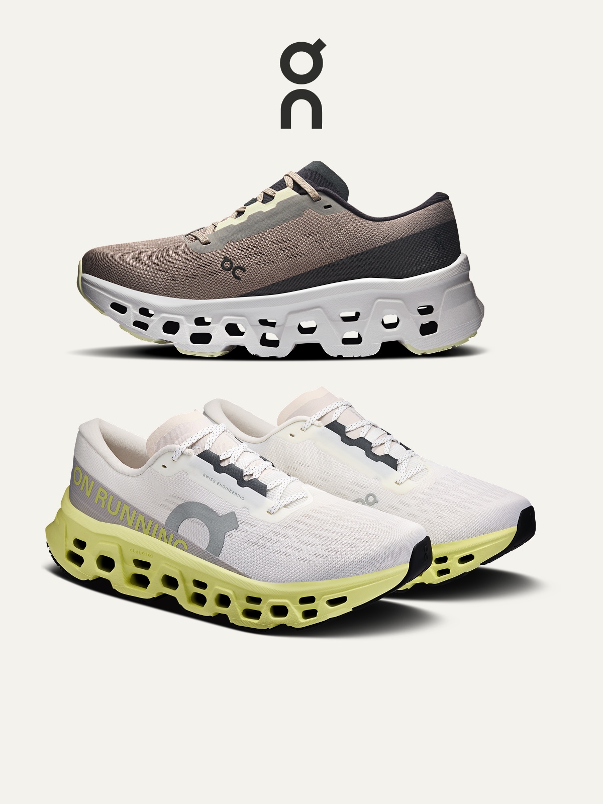 On running shoes on a light colored background.