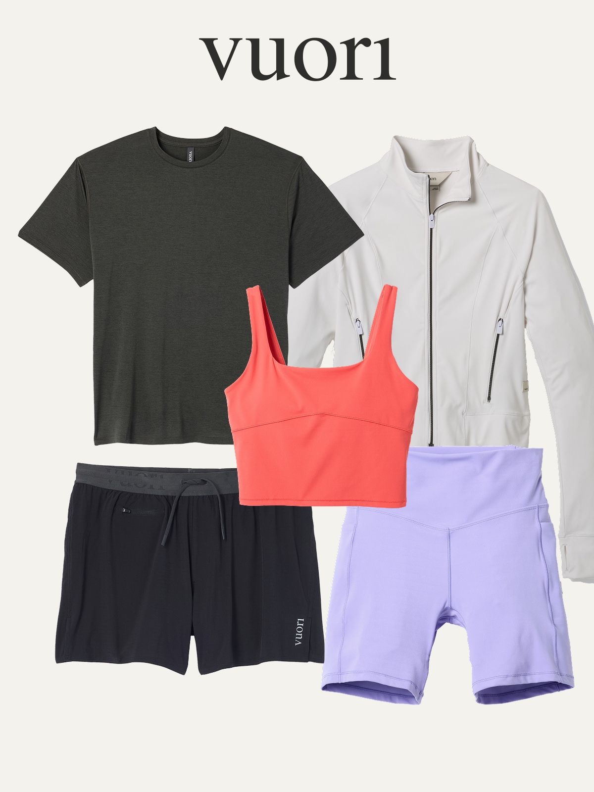 A collage of Vuori clothing on a light colored background.