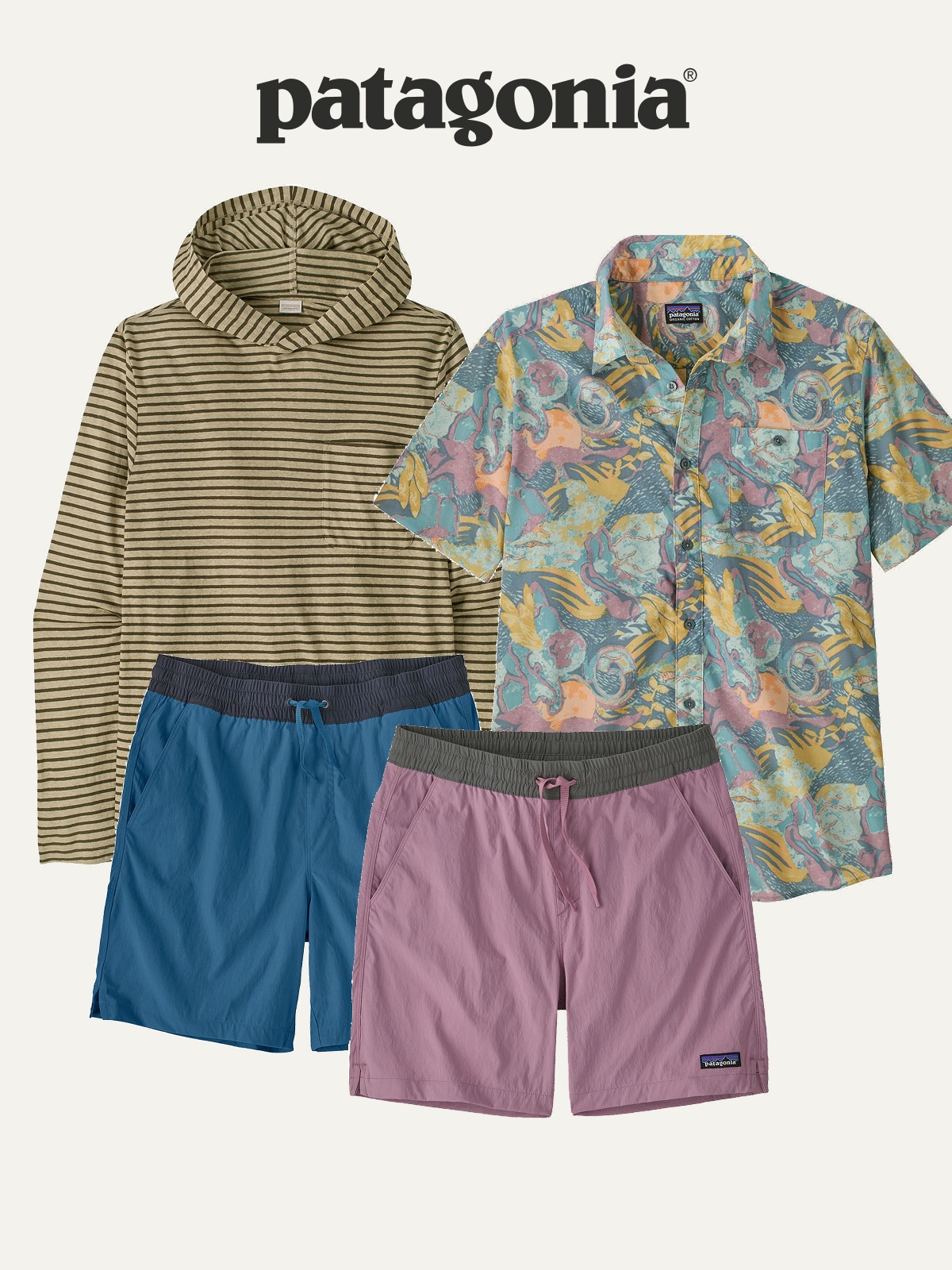 A collage of clothing from Patagonia on a light colored background.