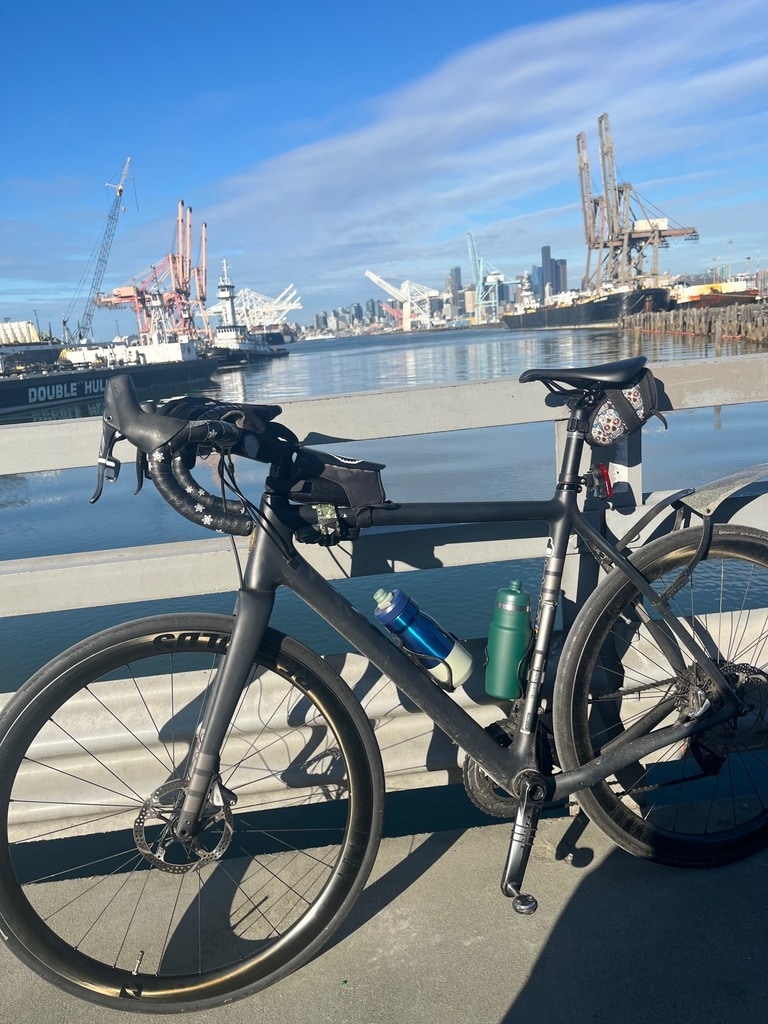 A bike with two water bottles in its cage parked in front of the Seattle skyline.