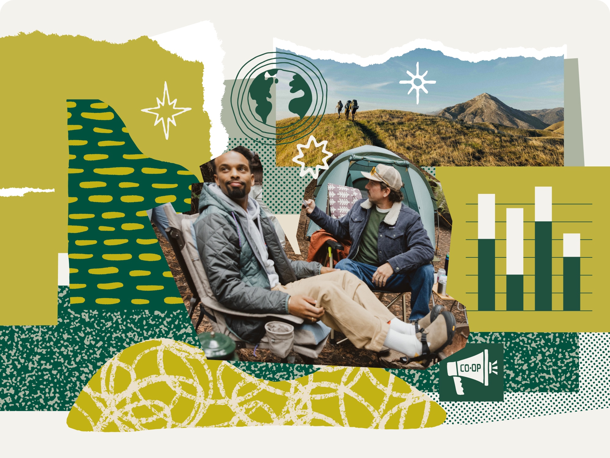 A photo of two people relaxing at a campsite and an image of a group of people hiking surrounded by a collage of cutout designs.