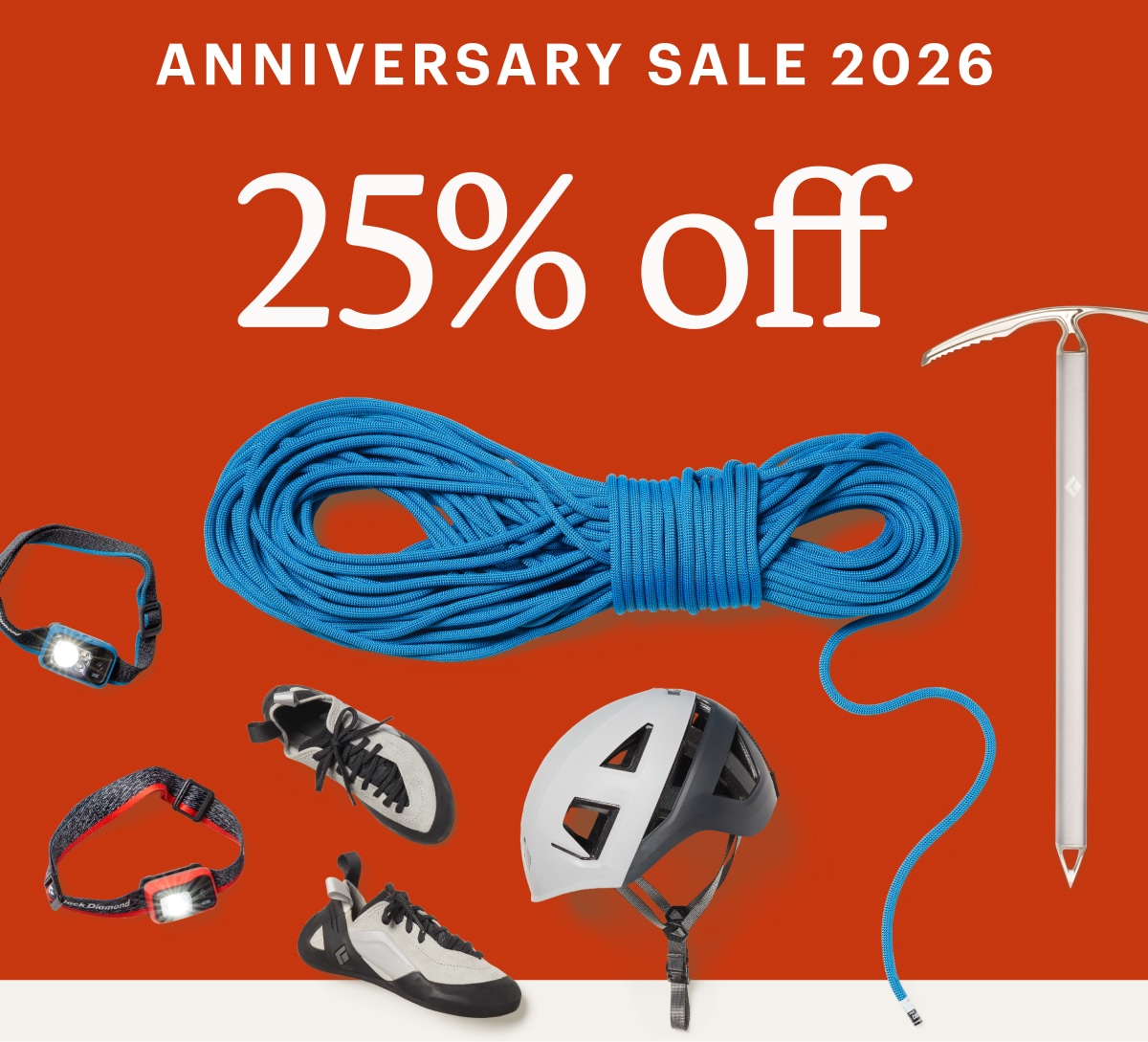 Text reads: ‘Anniversary Sale 2026. 25% off’ over a collage of Black Diamond climbing gear.