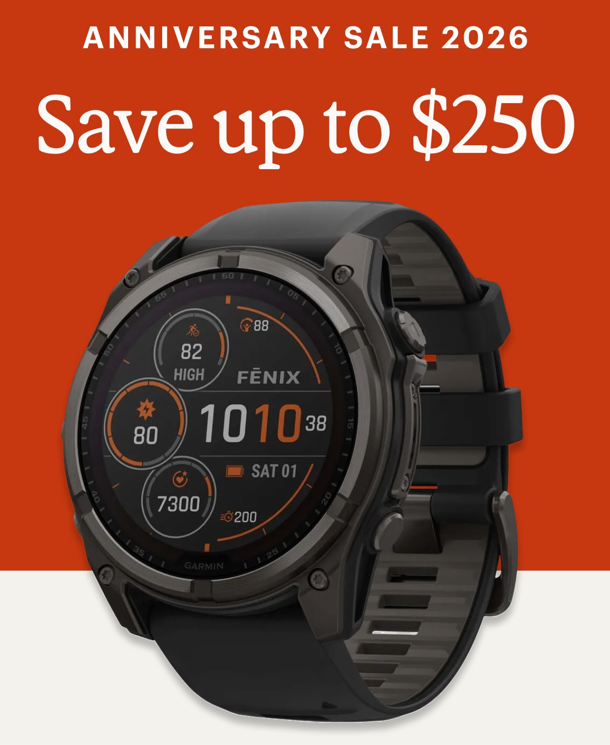Text reads: ‘Anniversary Sale 2026. Save up to $250’ over a Garmin fenix smartwatch.