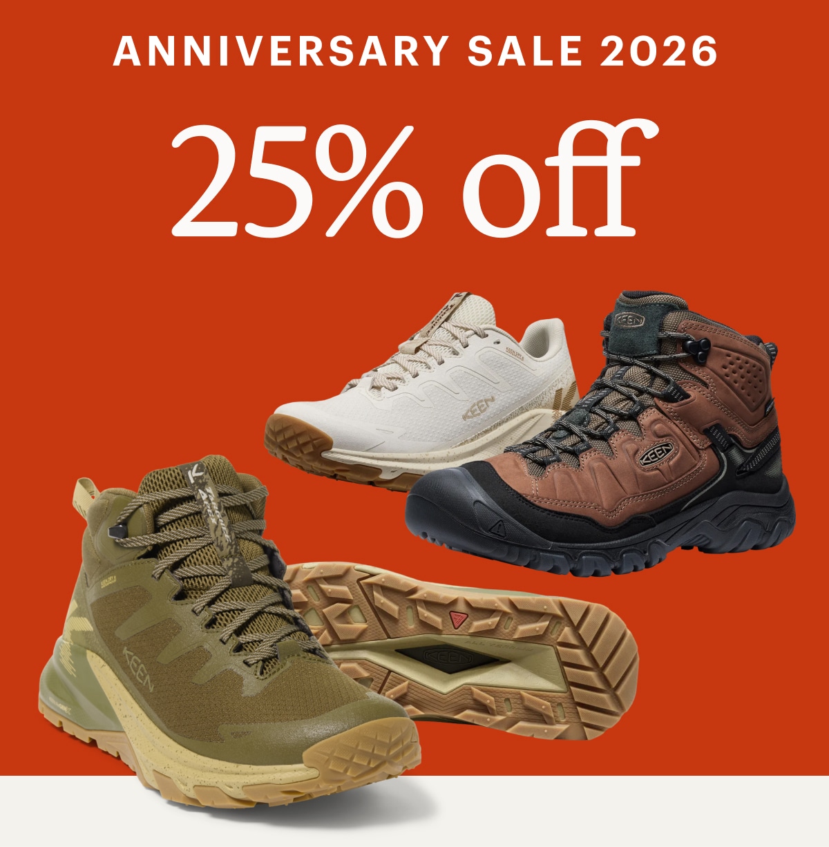Text reads: ‘Anniversary Sale 2026. 25% off’ over a collage of footwear from KEEN.