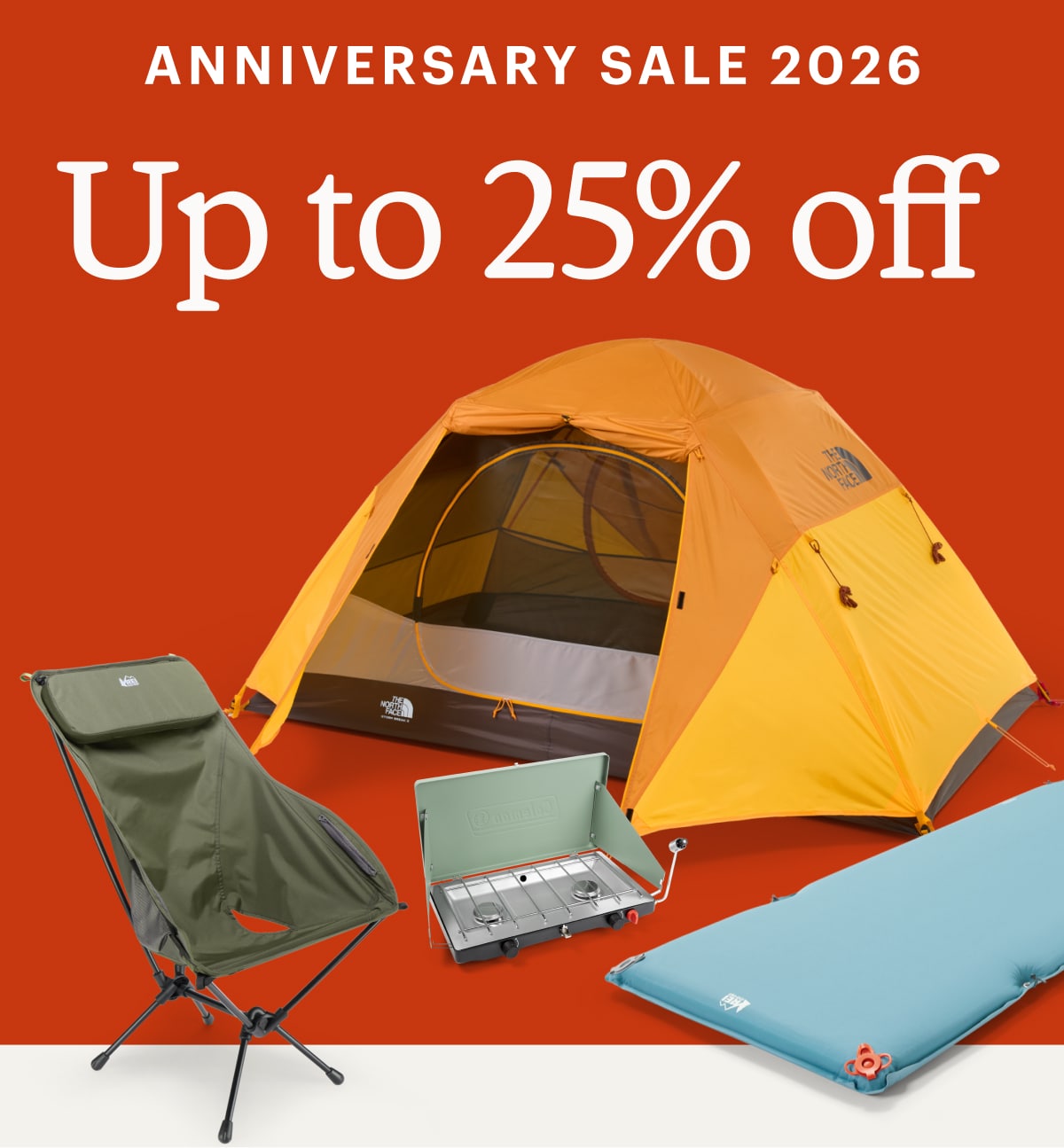 Text reads: ‘Anniversary Sale 2026. 25% off’ over a tent, camp chair, sleeping pad, and portable stove.