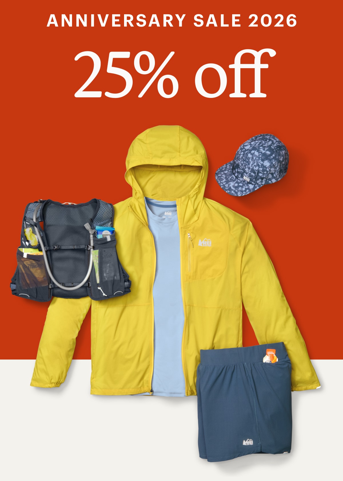 Text reads: ‘Anniversary Sale 2026. 25% off’ over a collage of R E I Co-op Swiftland running clothing, gear, and accessories.