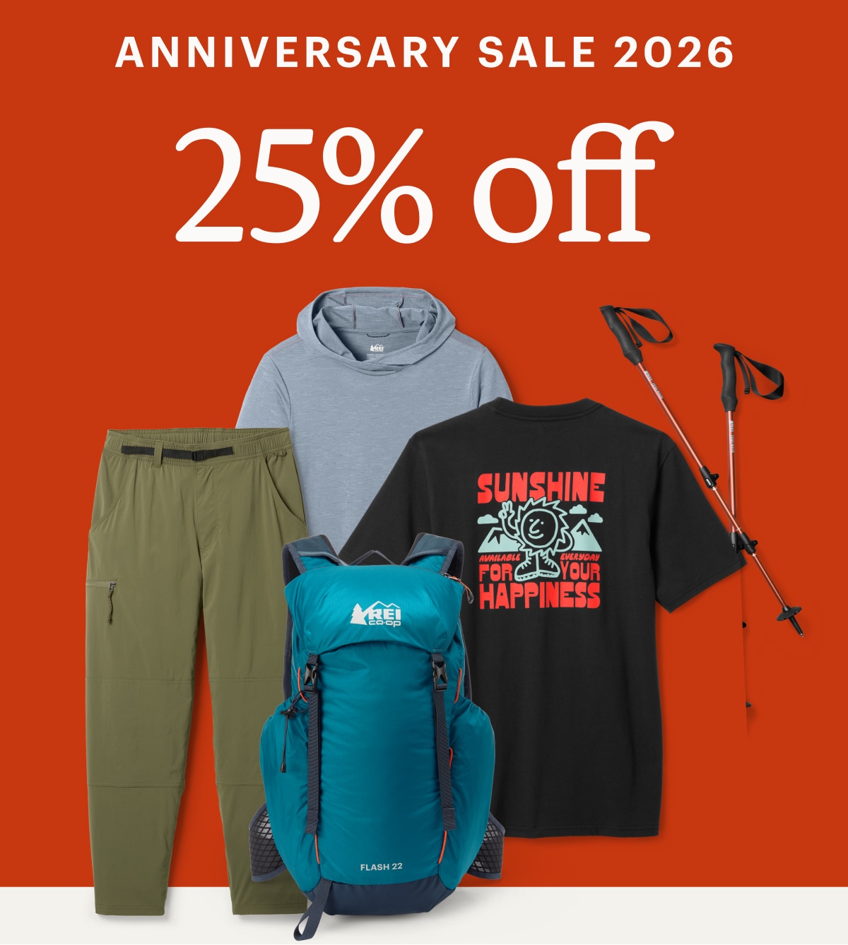 Text reads: ‘Anniversary Sale 2026. 25% off’ over a collage of R E I Co-op brand clothing and gear.