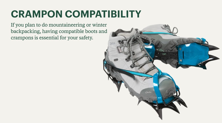 A graphic illustrating a boot's crampon compatibility and how important crampons are for safe mountaineering or winter backpacking